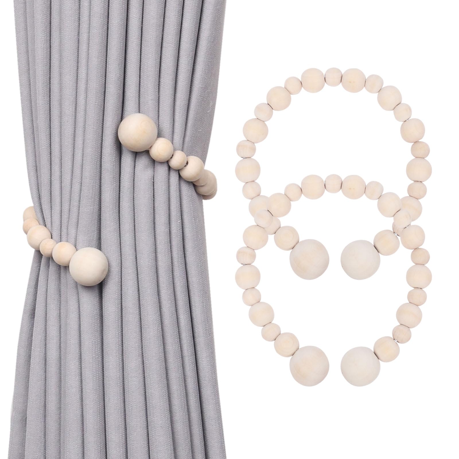 Pretty Jolly 2 Pack Wood Bead Decor Curtain Tiebacks Boho Style DIY Twist Drape Tie Backs Natural Wooden Bead Curtain Holdbacks for Home & Office Thin or Thick Window Draperies (Wood bead-02)