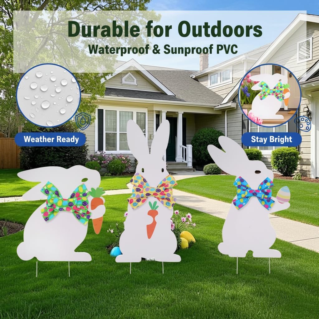 3PCS Easter Outdoor Decoration Bunny Yard Signs with Metal Stakes Waterproof Spring Welcome Sign for Party, Lawn, Garden Home Decor White-3pack