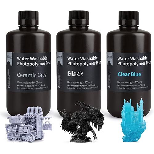 ELEGOO Water Washable 3D Printer Resin LCD UV-Curing Resin 405nm Standard Photopolymer Resin for Mars Saturn Jupiter MSLA DLP LCD 3D Printing, Grey + Black + Clear Blue (3KG)
