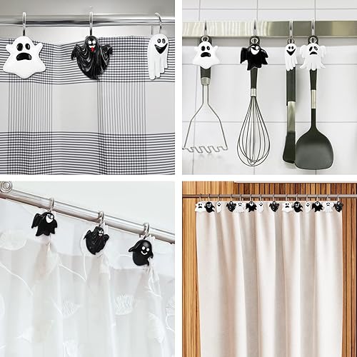 Miniatura 7 de AnyDesign 12 ganchos para cortina de ducha de fantasmas de Halloween, color blanco y negro, espeluznante pesadilla, anillos para colgar en la ducha,