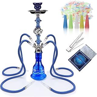 Hookah Set With Everything 4 Hose - GRENAOH 22" Premium Hookah Shisha set with Glass Vase, Ceramic Bowl and Coal Tongs Ashtray (4-blue)