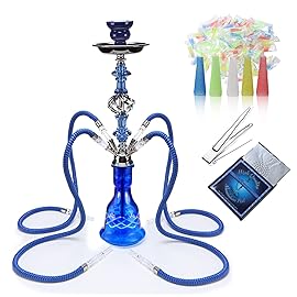 Hookah Set With Everything 4 Hose - GRENAOH 22 Premium Hookah Shisha set with Glass Vase, Ceramic Bowl and Coal Tongs Ashtray (4-blue)