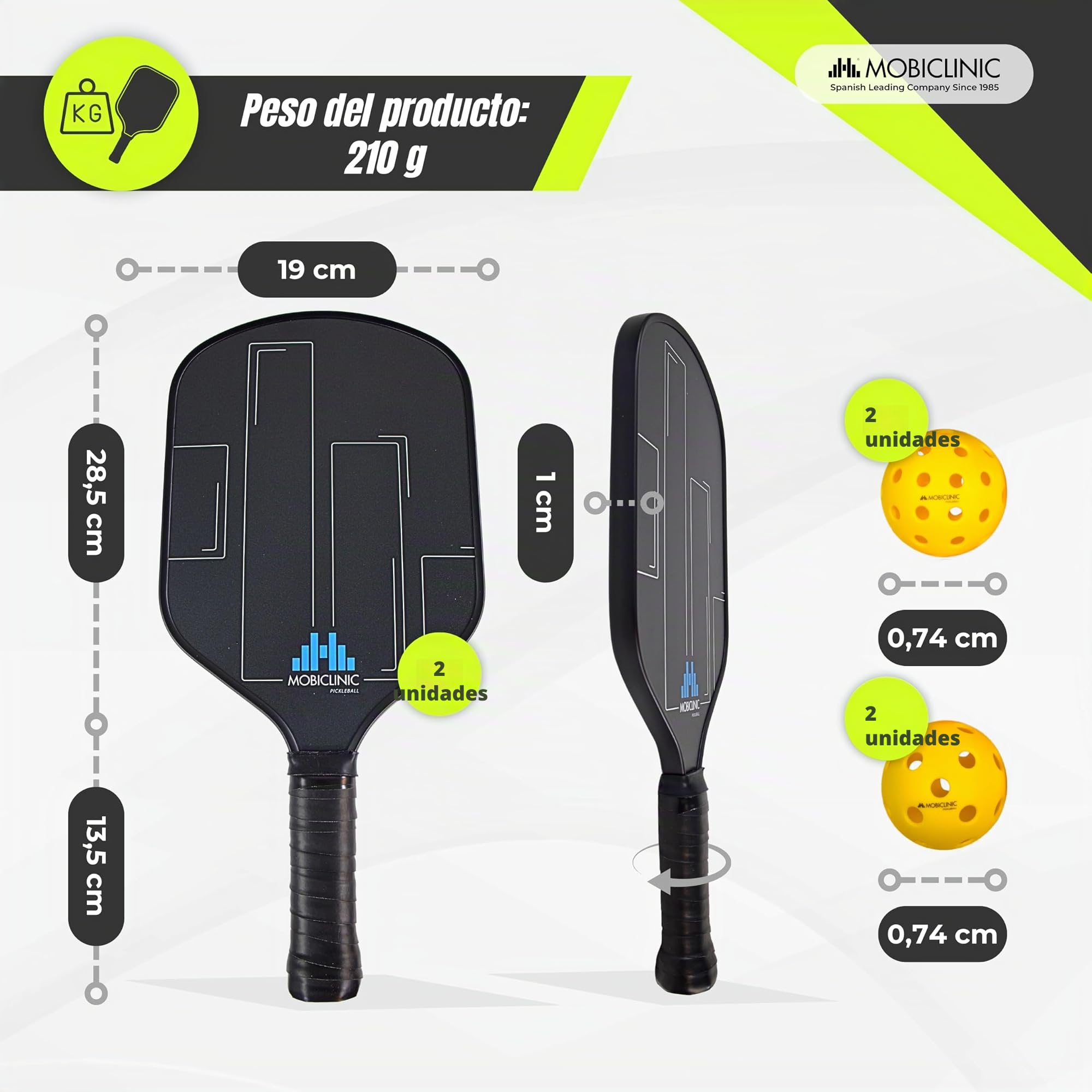 Mobiclinic®, Set de Pickleball, Palas de Fibra de Vidrio, Pelotas Interior y Exterior, Bolsa Transporte, Núcleo de Polipropileno de Panal, Grip Antideslizante