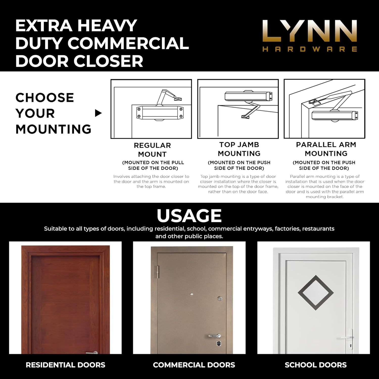 Extra Heavy Duty Designer Closer -Lynn #9016 (US10B Dark Bronze)- Surface Mounted, Grade 1, Cast Iron, Sizeable 1-6, UL 3 Hour Fire Rated & ADA for High Traffic doorways