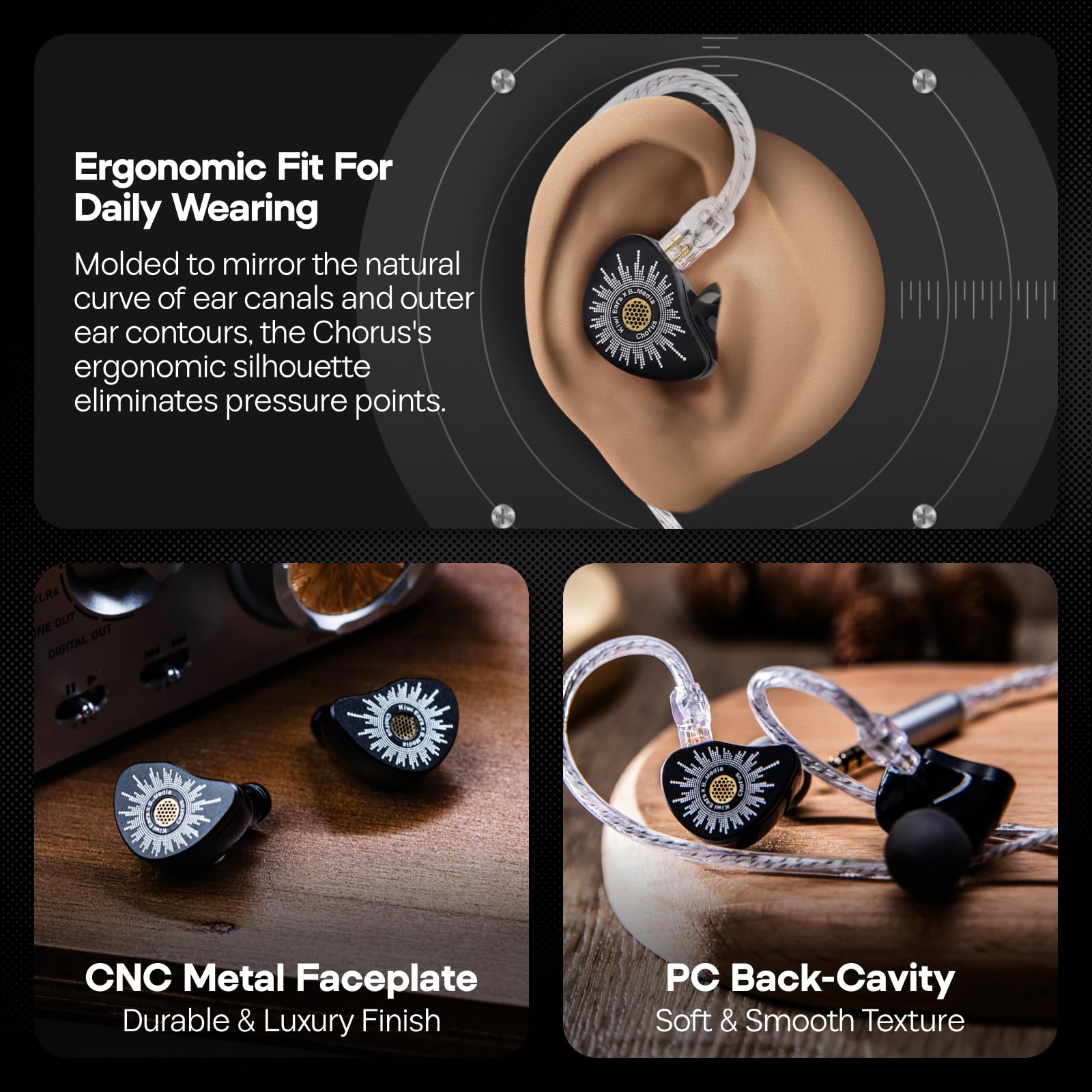 Linsoul Kiwi Ears x B_Media: Chorus In-Ear Monitor, Controlador Dinámico con Diafragma DLC, Auriculares Cableados con Placa Frontal de Metal CNC, Cable Doble Chapado en Plata (Negro, 3,5 mm sin Mic)