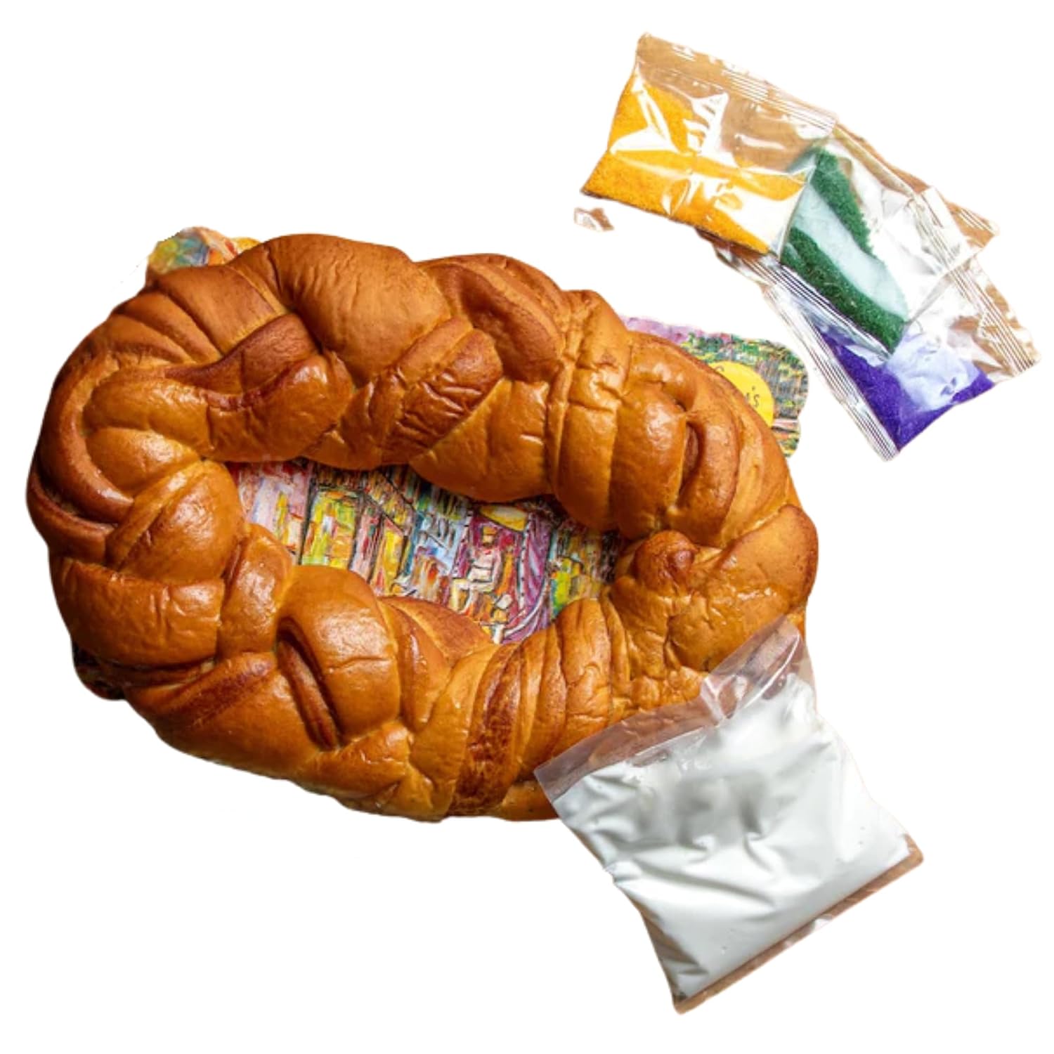 Caluda's Traditional King Cake DIY Kit - Fresh Un-Iced Brioche Cake with Icing Packets, Mardi Gras Colored Sugars, Baby, Decorating Instructions, Serves 10-12, Authentic New Orleans Louisiana Mardi Gras Dessert for Holidays Parties