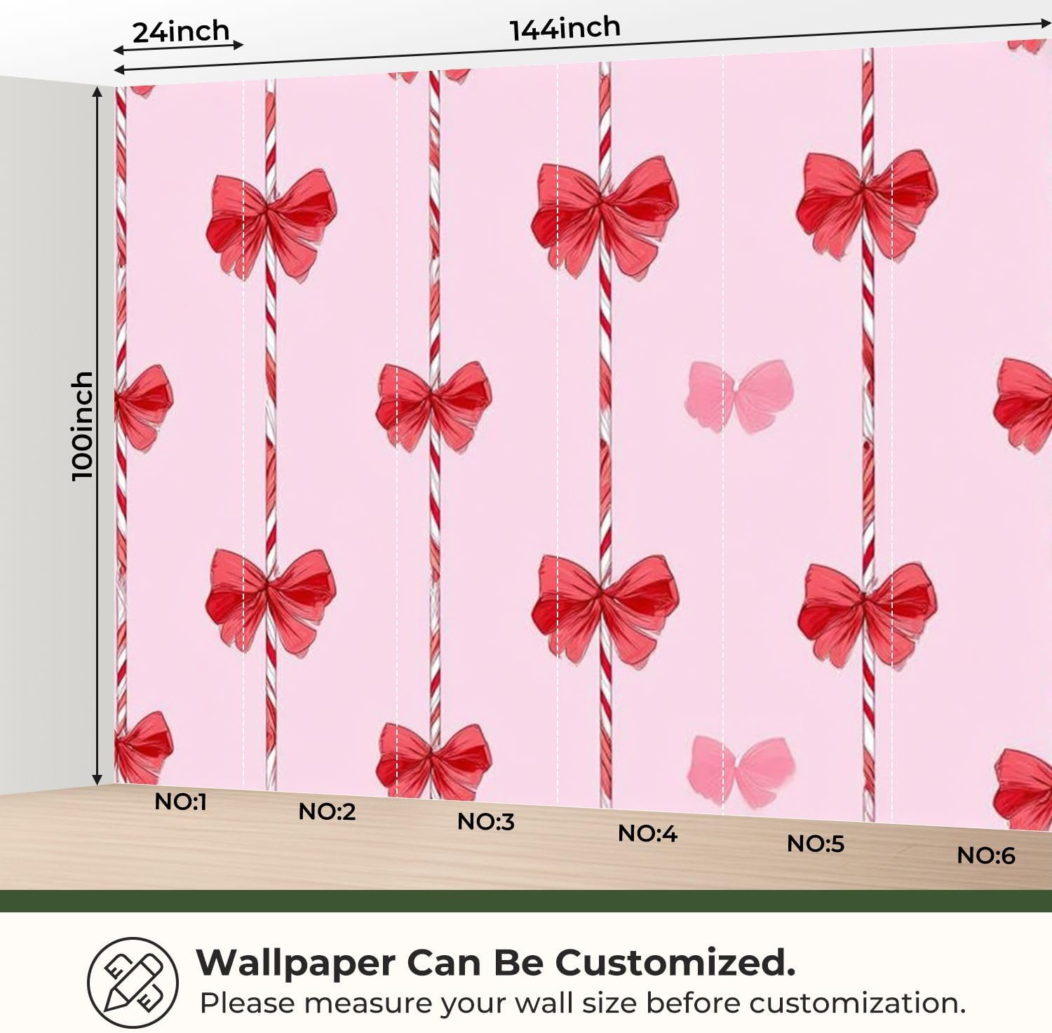 Modern Peel and Stick Wallpaper Removable Wall Murals 3D Candy Cane Christmas Cute red Bow Seamless Coquette Peppermint Sticks Self-Adhesive PVC Wall Stickers for Living Room Bedroom 144"x100"