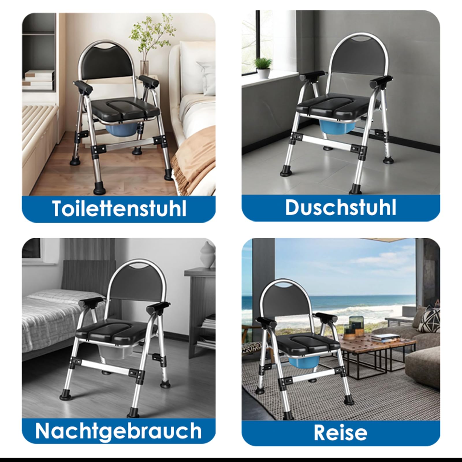 Toilettenstühle für senioren faltbar, höhenverstellbaren toilettenstuhl Tragfähigkeit 200 kg, 50cm breit Edelstahl fahrbar fahrbarer duschstuhl mit papier halter,weicher Sitzfläche (TY-0312)