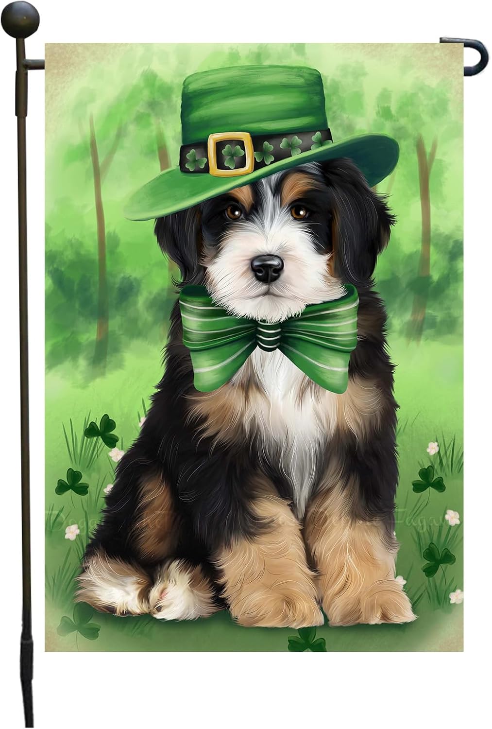 Bernedoodle Puppy St. Patrick's Day Garden Flags for Outdoor Festivity - Double Sided Yard Decorations Lawn Banner - Spring Festival Gifts for Pet Lover 12 1/2"w x 18"h