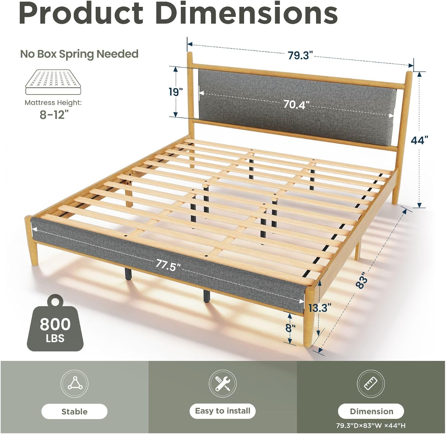 Sophia & William Upholstered King Bed Frame with Headboard, Wooden Bed Frame King Size, Solid Wood Slats Support, No Box Spring Needed