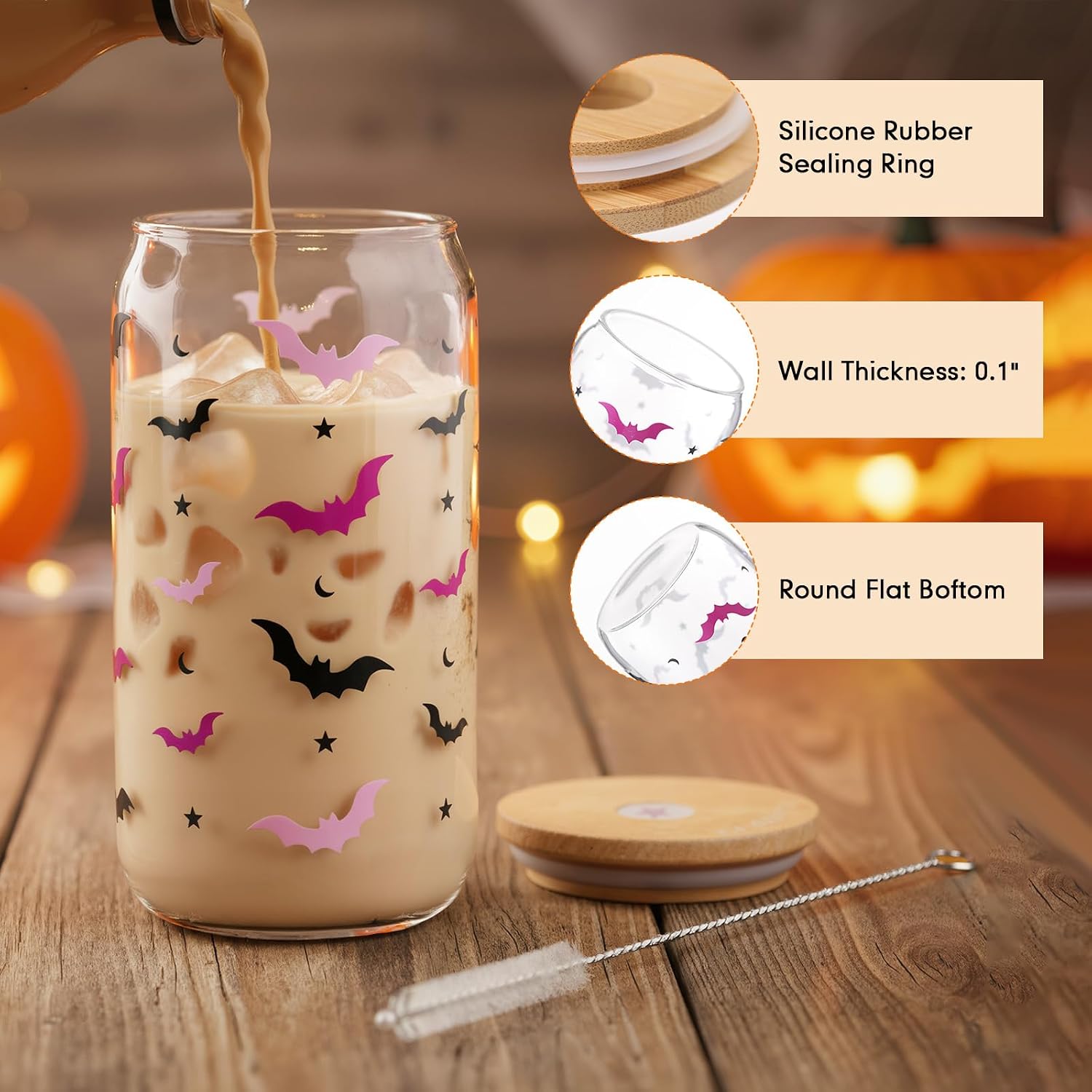 Bokon Cute Halloween Bats Cup, 16 oz Tumbler Glass Cups with Lids Straws