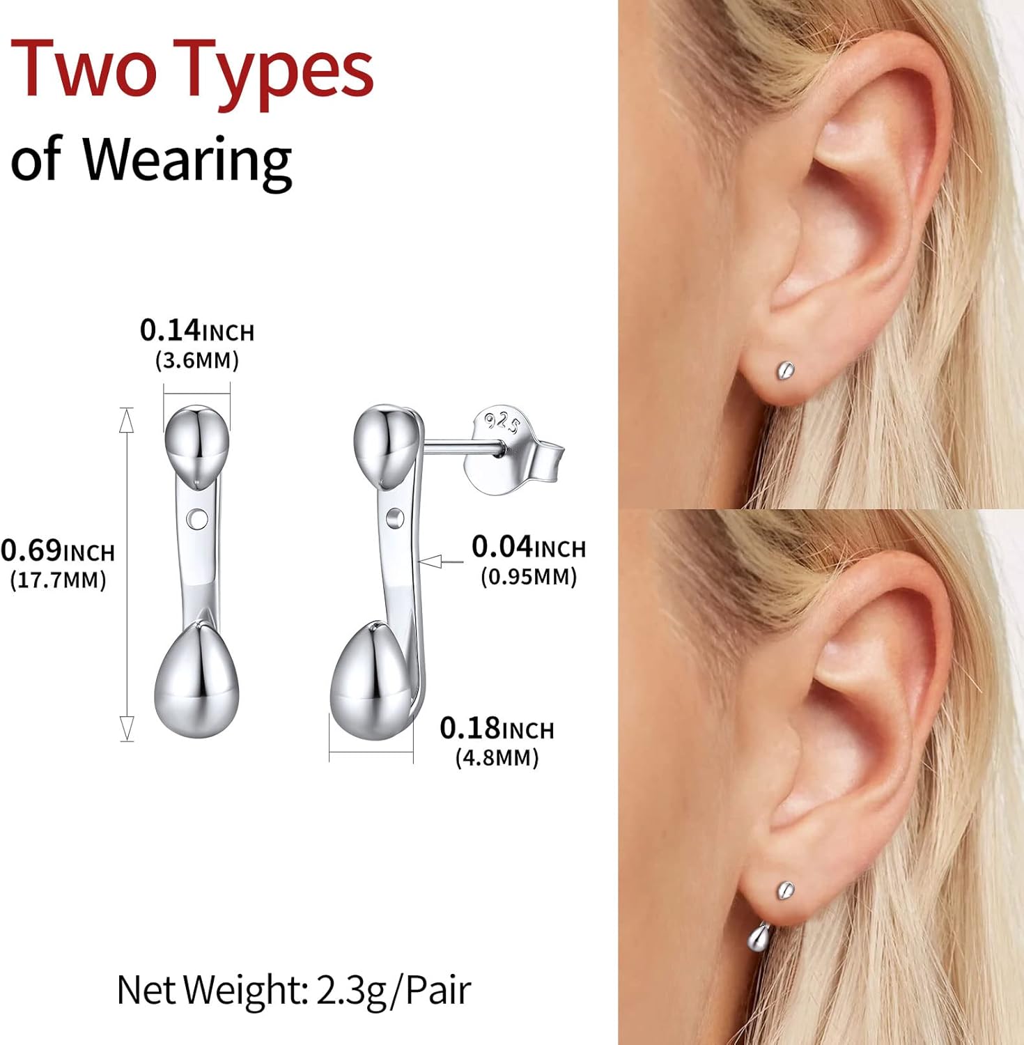 ChicSilver 925 Sterling Silver Ear Jacket Earrings Studs Simple Droplet Front Back Earrings for Women - Image 4