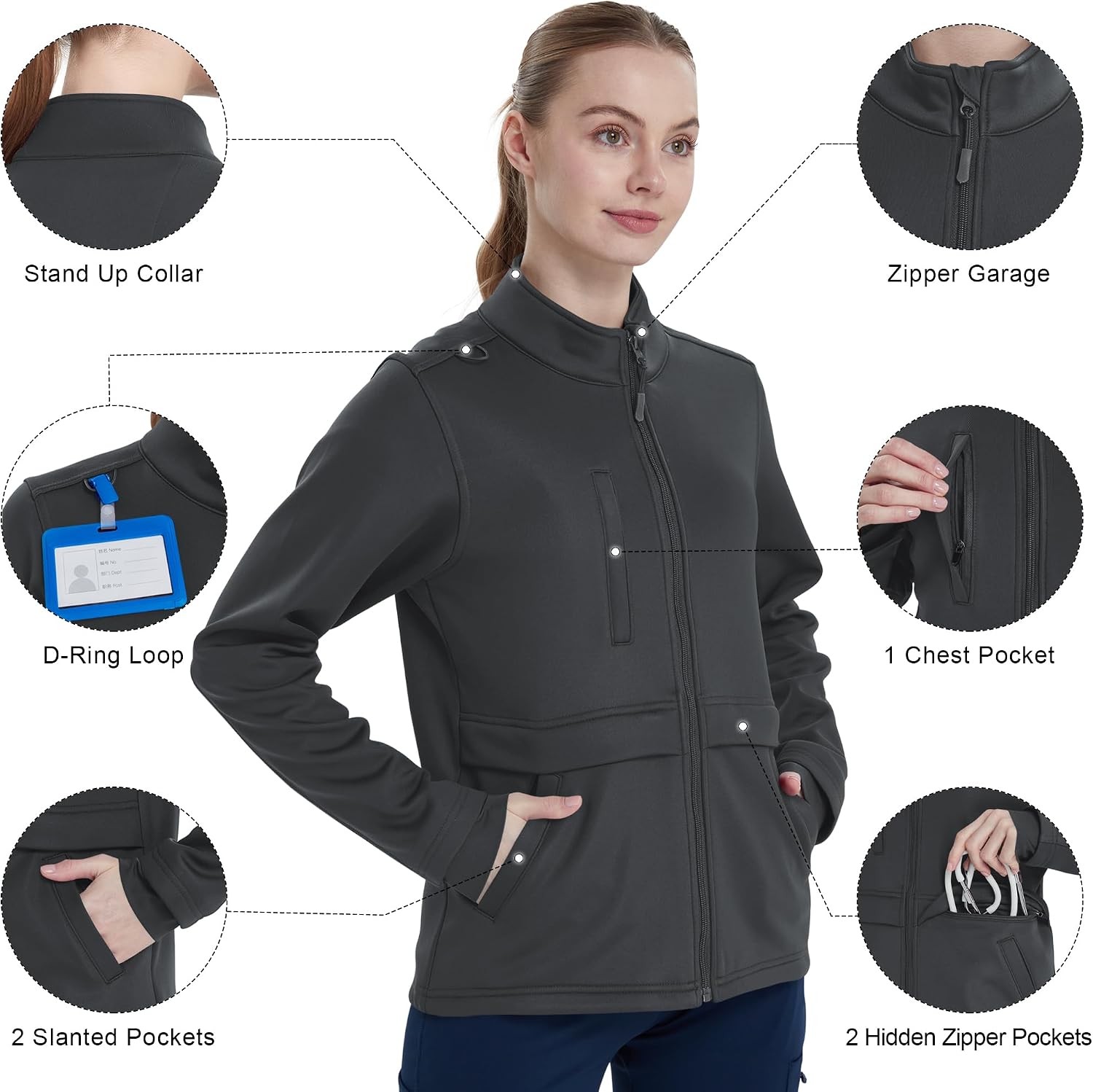 QBK Women's Heavyweight Bonded Fleece Scrub Jacket, Warm Modern Fit Zip-up Front Uniform Coat with 5 Pockets image 5