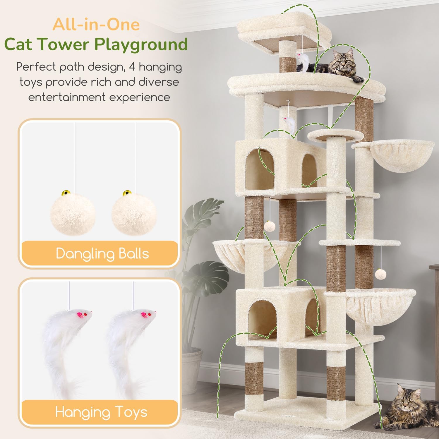 All-in-One Cat Tower Playground with dangling balls and hanging toys