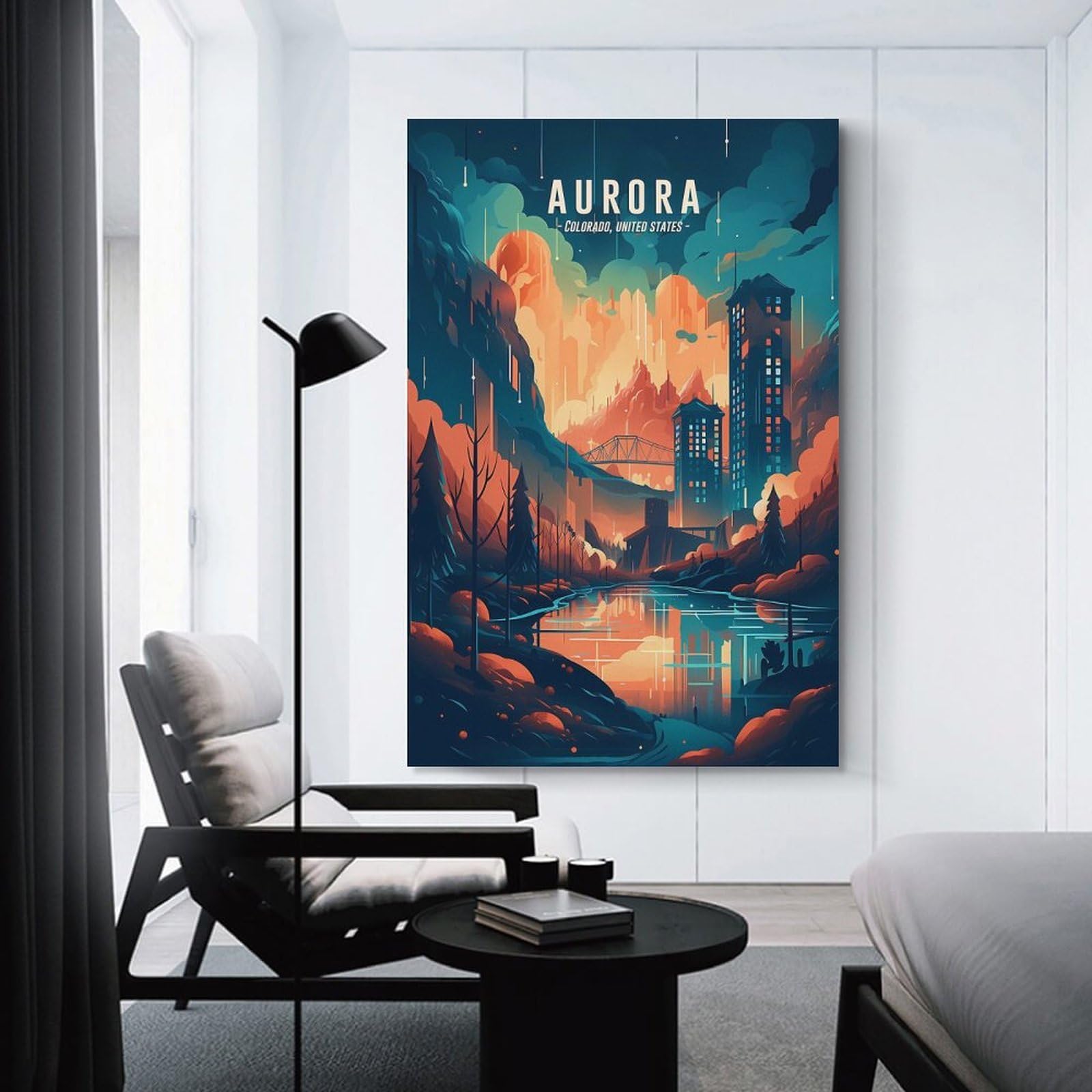 Junmoney Unframe-Style Aurora Downtown Skyline Decorative Canvas Print, 24X36inch(60X90cm), For Home, Office, Studio Or Guest Room, Canvas Wall Art That Fits Changing Layouts