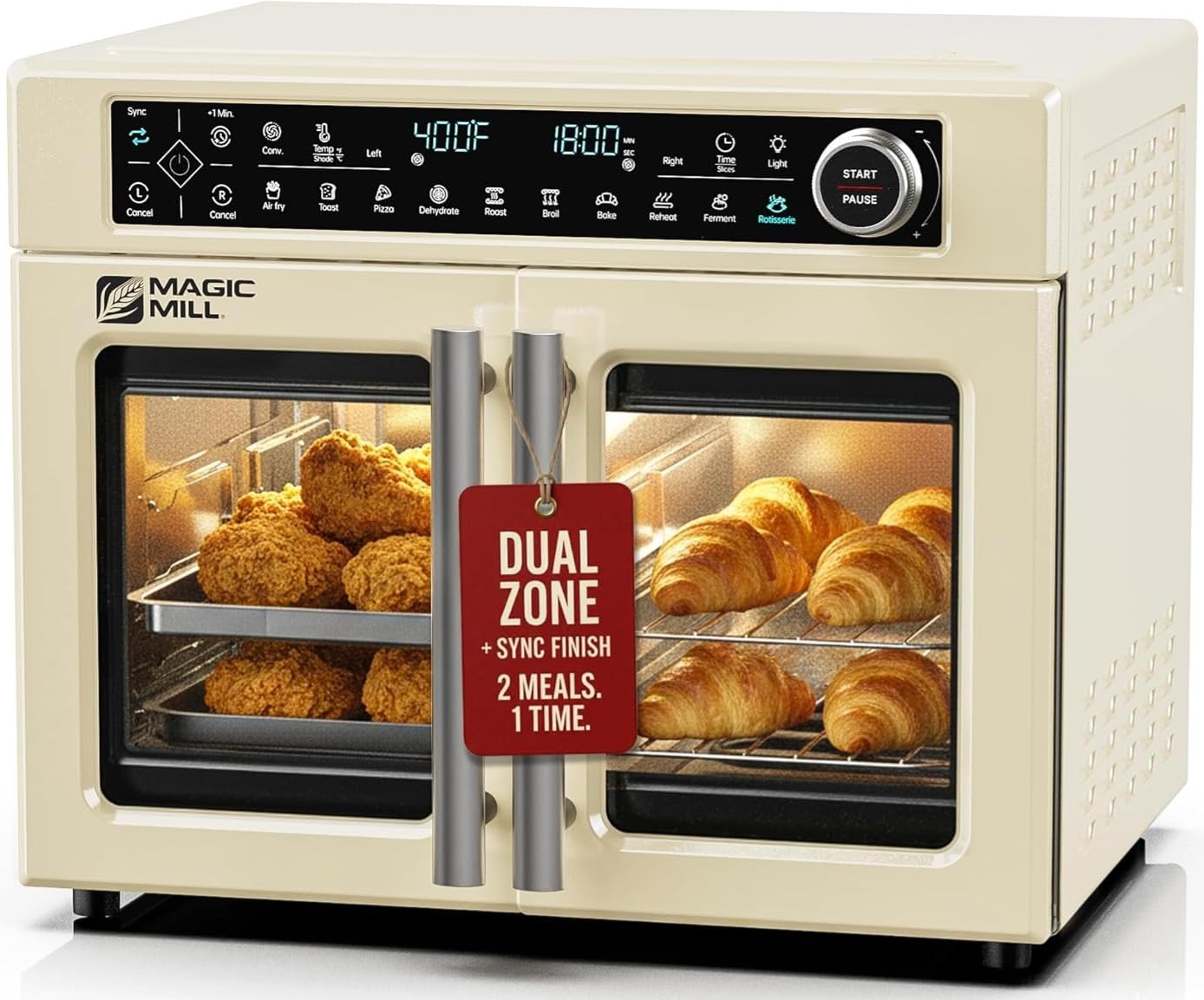 Magic Mill Ultra-Premium Dual-Zone Stainless Steel Air Fryer Toaster Oven Combo, Extra Large 32QT French Door Convection Oven with Next-Gen Patent