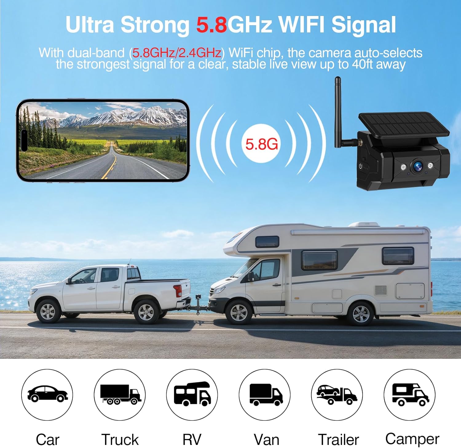 Magnetic Solar Wireless Backup Camera, 1080P WiFi Hitch Camera for Truck RV Trailer, 9600mAh Battery Powered Rear View Camera for iPhone/Android/iPad, IP69 Waterproof, IR Night Vision, No Wiring