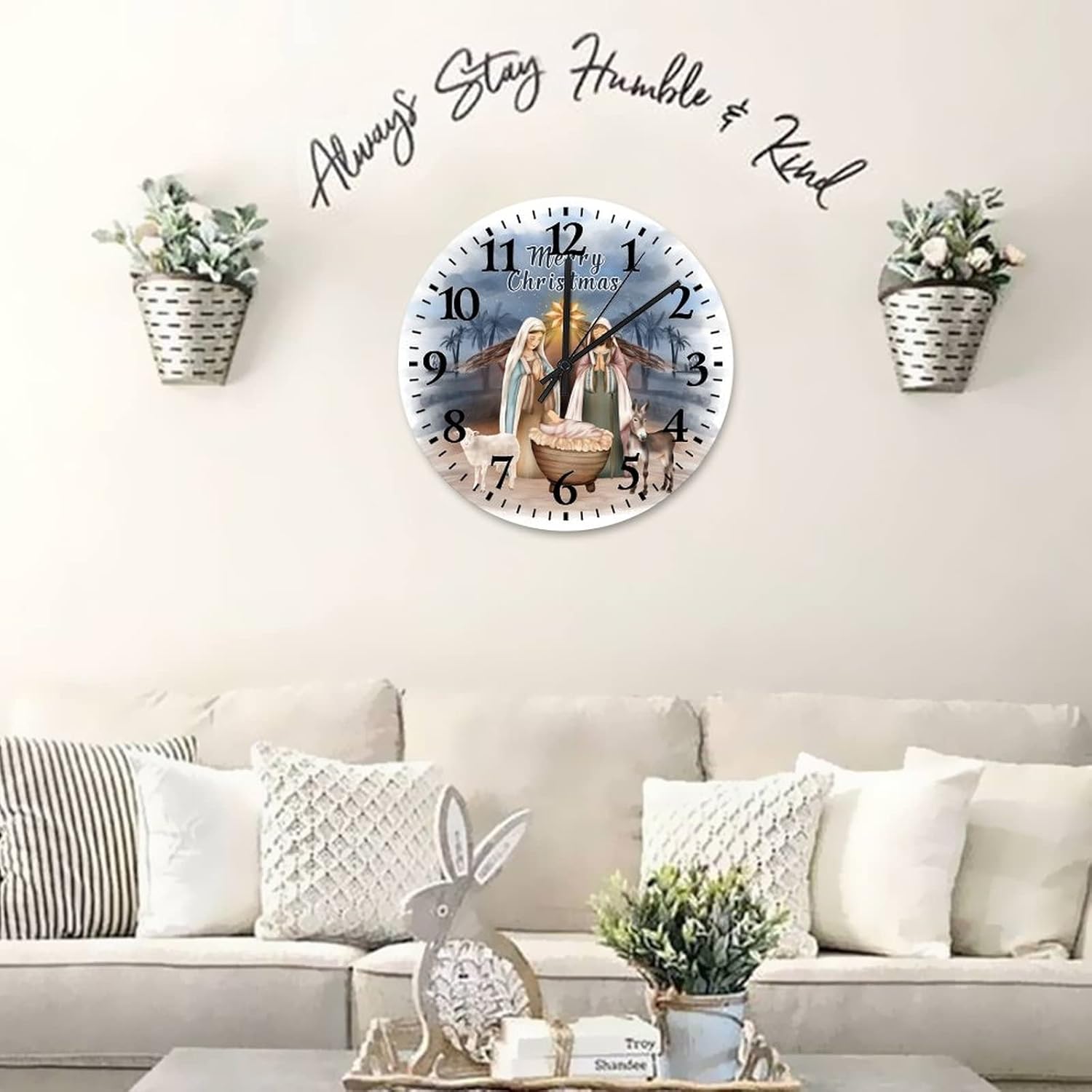 Birth of Jesus Wall Clocks 15 Inch, Unto Us A Child is Born Bathroom Clock Silent Non Ticking Round Arabic Numeral Clock for Farmhouse Home Decoration