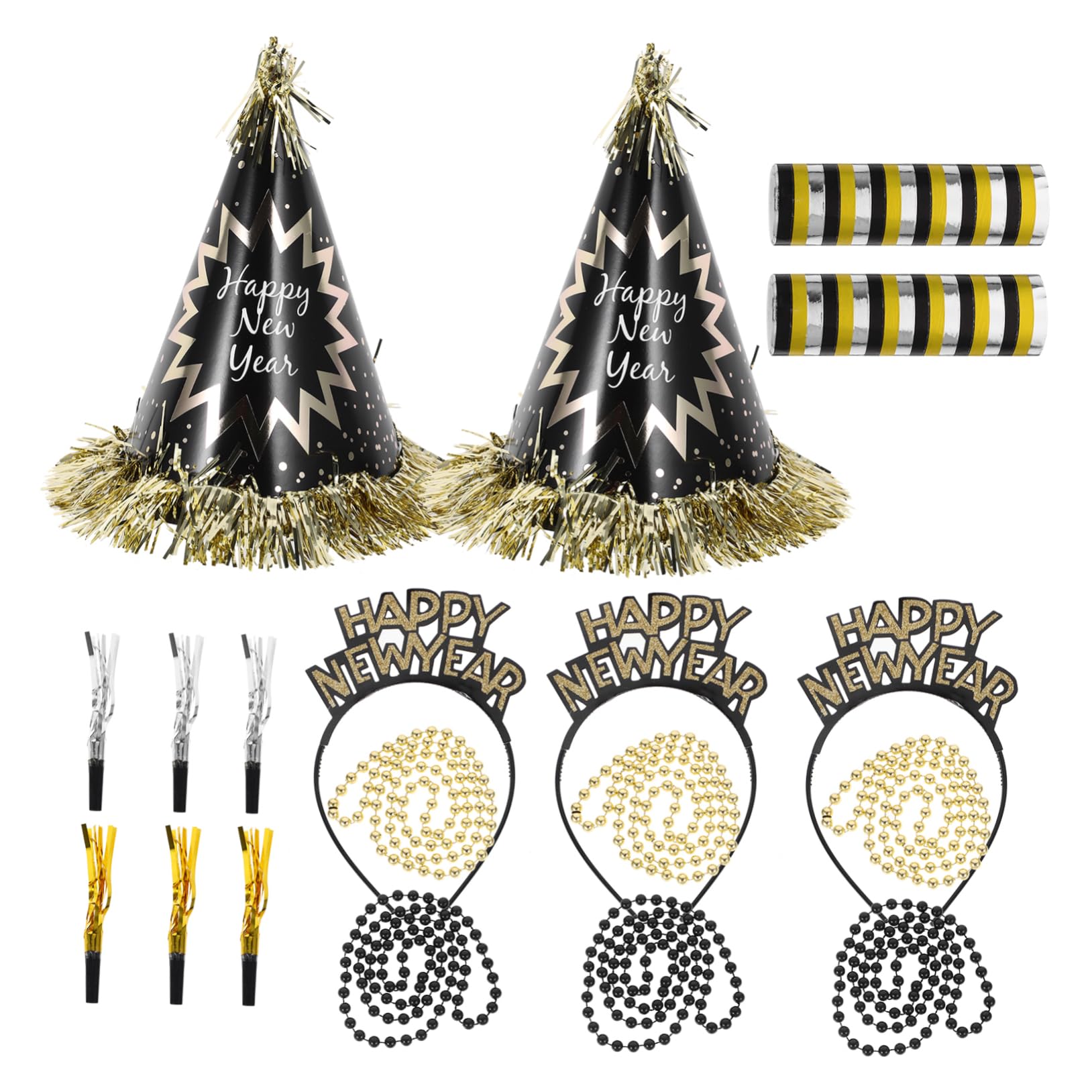 1 Bolsa Sombrero de Fiesta de Año Collares de Cuentas para Fiestas Decoraciones de Año Incluye Silbatos Aros Pelo y Sombreros Cónicos para Celebraciones de Nochevieja
