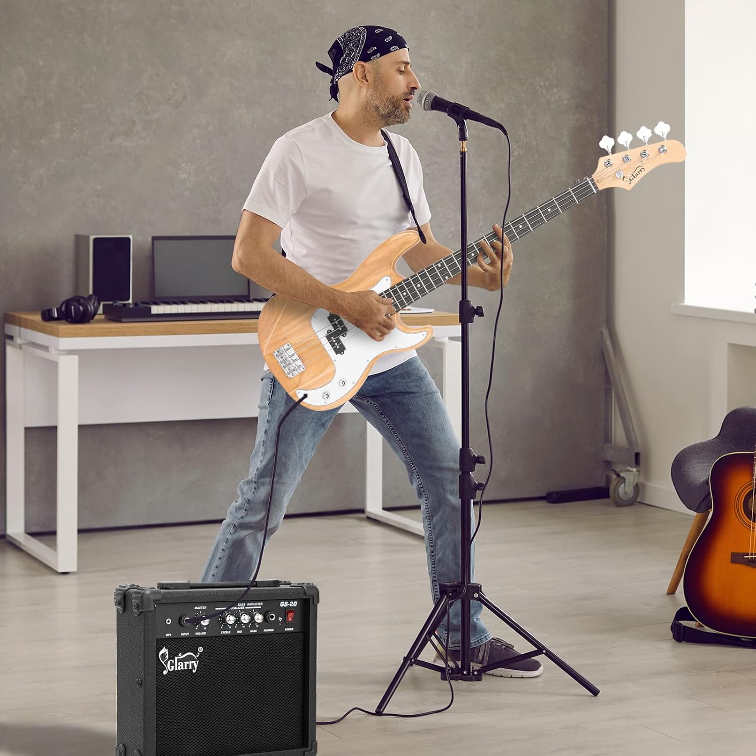 GLARRY Full Size Electric Bass Guitar Beginner Kit 4 String Exquisite Basswood Bass with 20W AMP, Cable, Strap, Bag and Accessories (Natural Wood, 39"Right Handed)