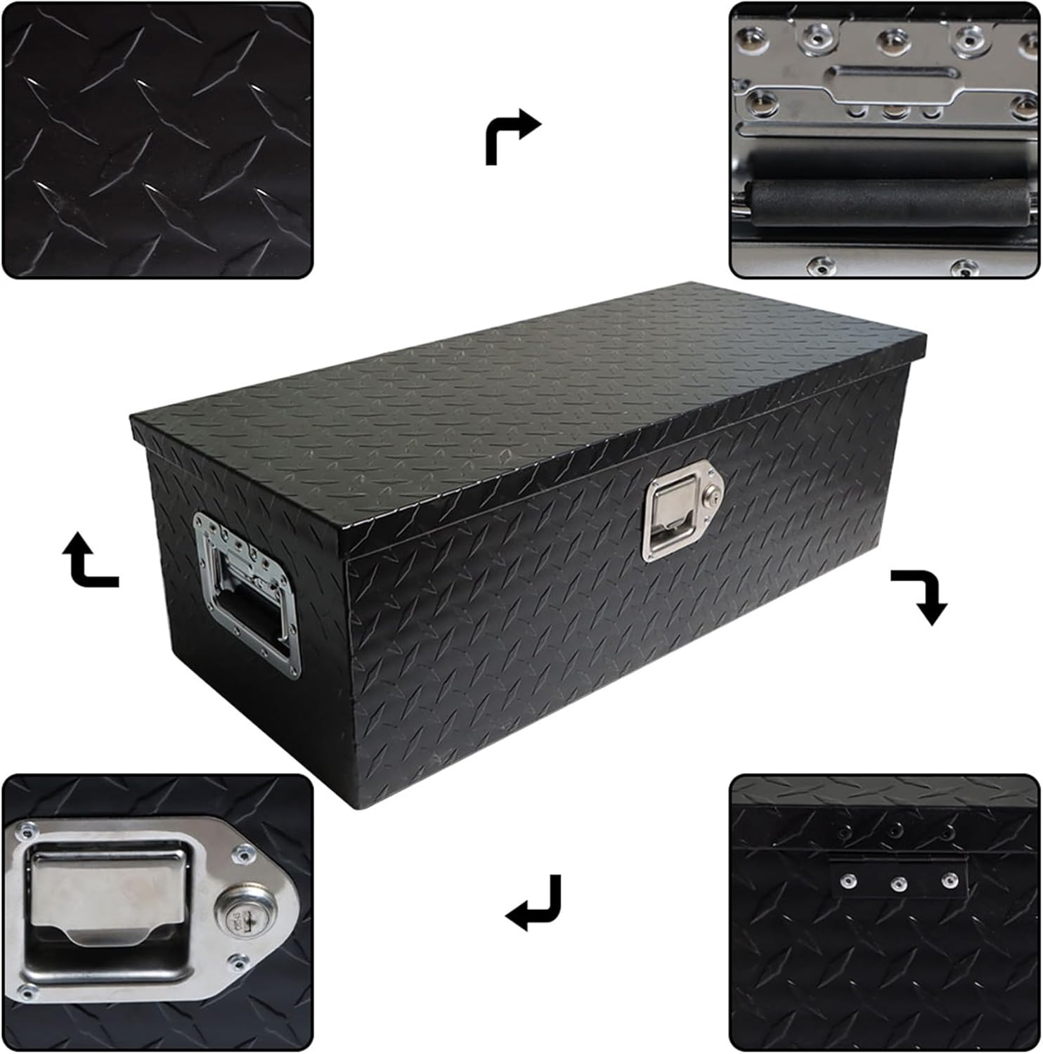 waltyotur 30 Aluminum Diamond Plate Truck Pick Up Tool Box Chest Box Truck Bed Crossbody Underbody Underbed RV ATV Trailer Storage Organizer Side Handle with keys Black
