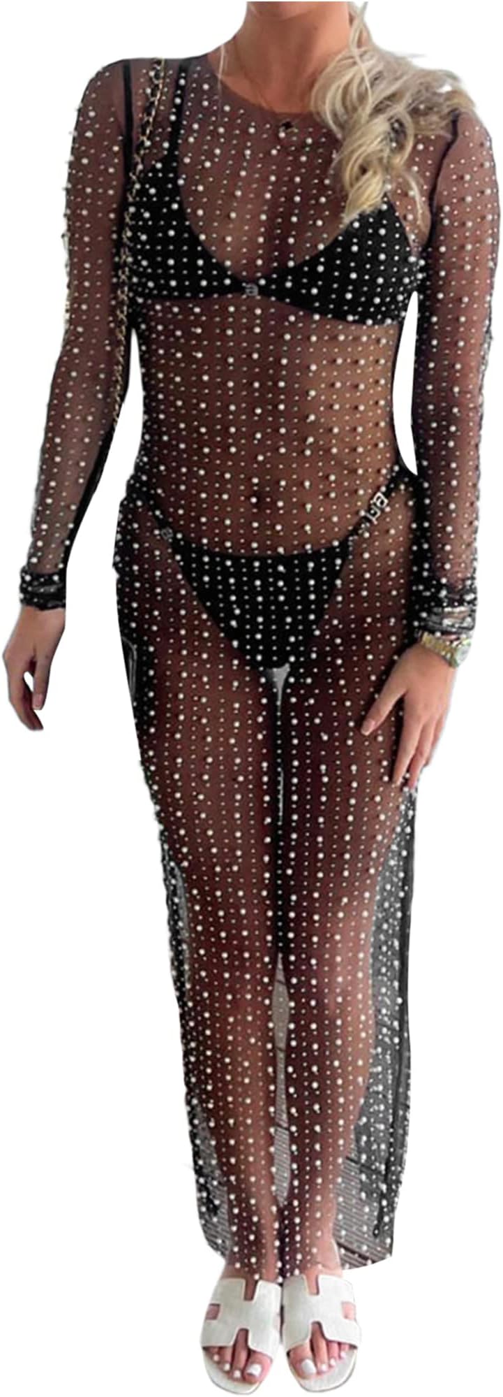 SANSIWUWomen Sexy See Through Mesh Pearl Bikini Long Sleeve Rhinestone Cover Up Hollow Out Sheer Mesh Maxi Dress Beach Swimwear Bathing Suit Cover Ups
