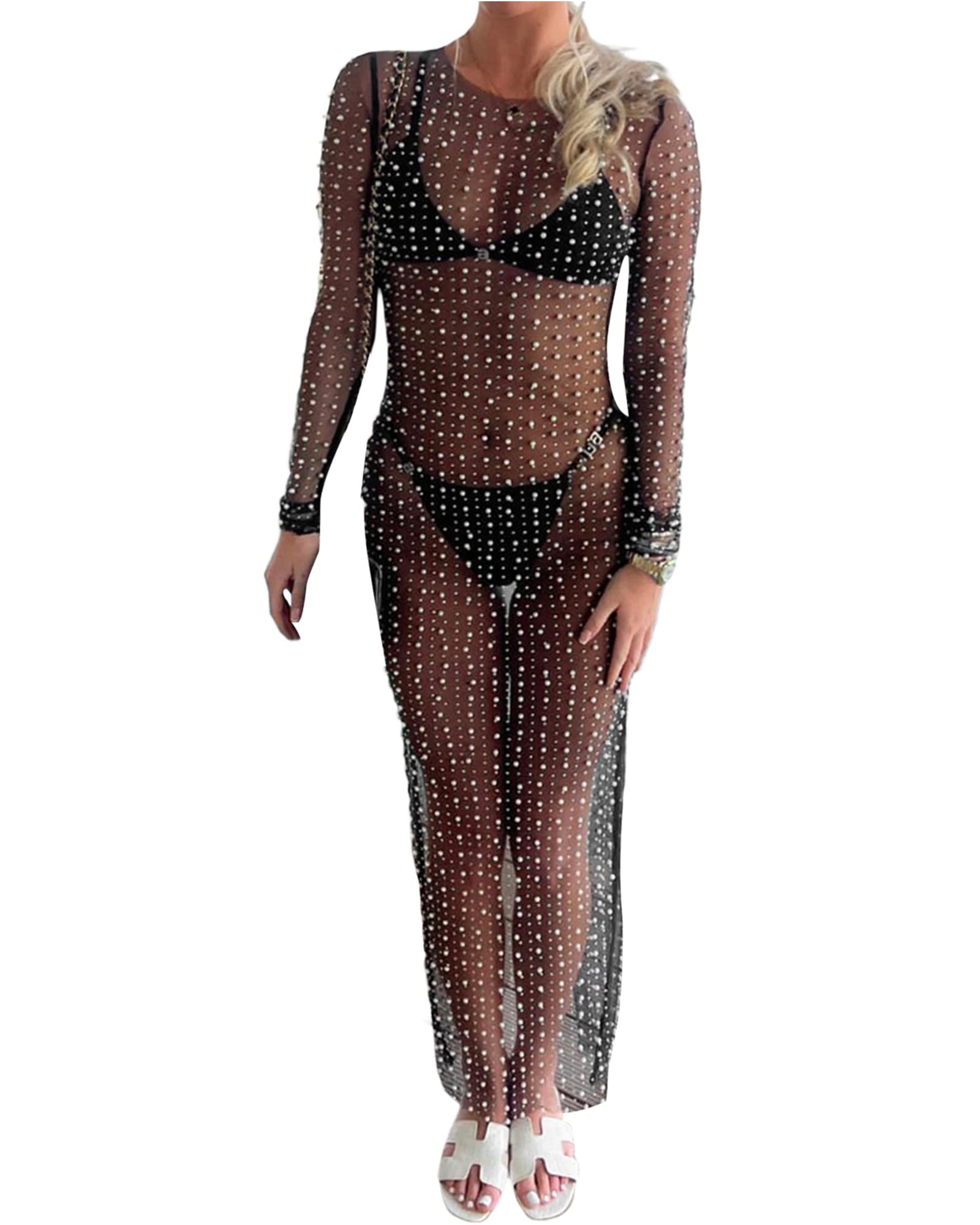 SANSIWUWomen Sexy See Through Mesh Pearl Bikini Long Sleeve Rhinestone Cover Up Hollow Out Sheer Mesh Maxi Dress Beach Swimwear Bathing Suit Cover Ups