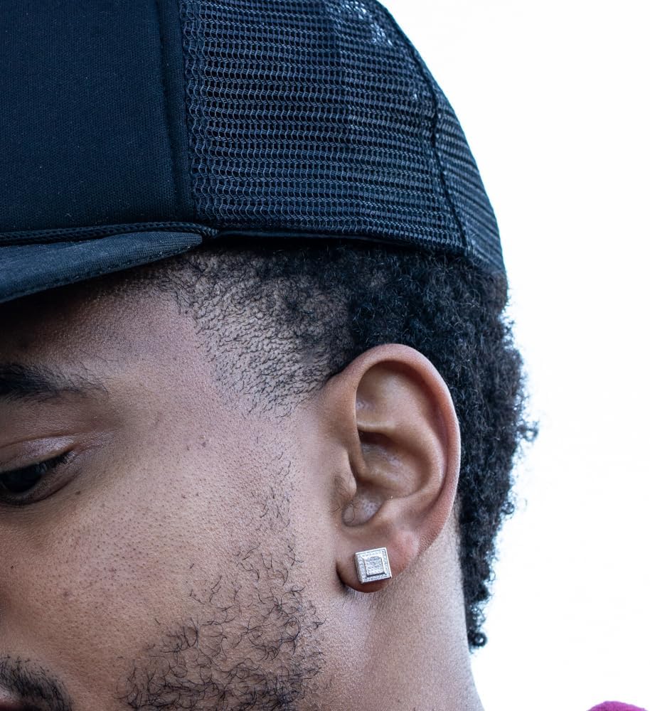 Men’s Micro Pave 3D Iced 5A Cz Halo Square White Gold 925 Sterling Silver Hypoallergenic Hip Hop Screw Back Post Stud Earrings For Men Women - Image 4