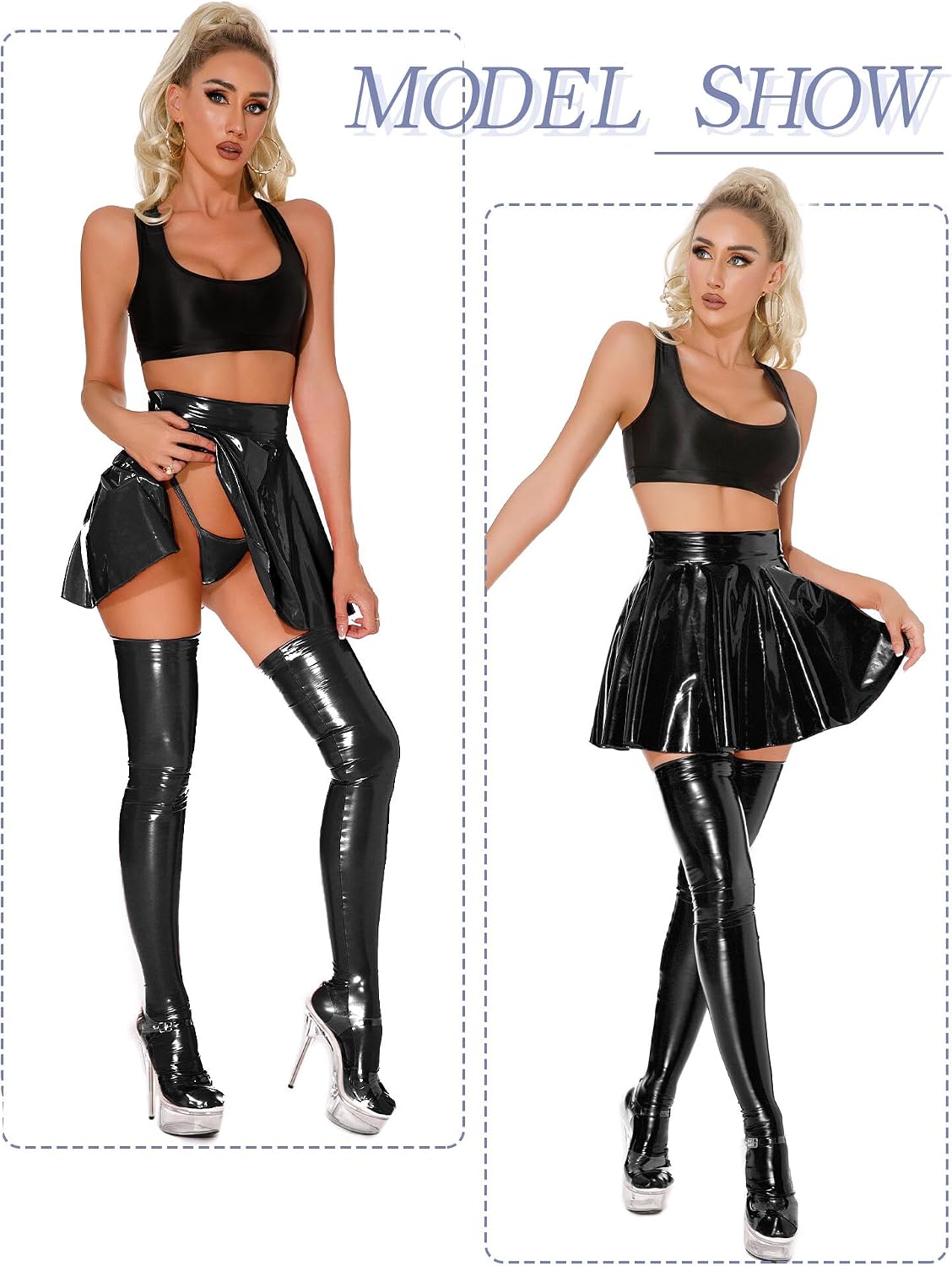 FEOYA Women Mini Leather Skirts Metallic Club Party Bodycon Skirt