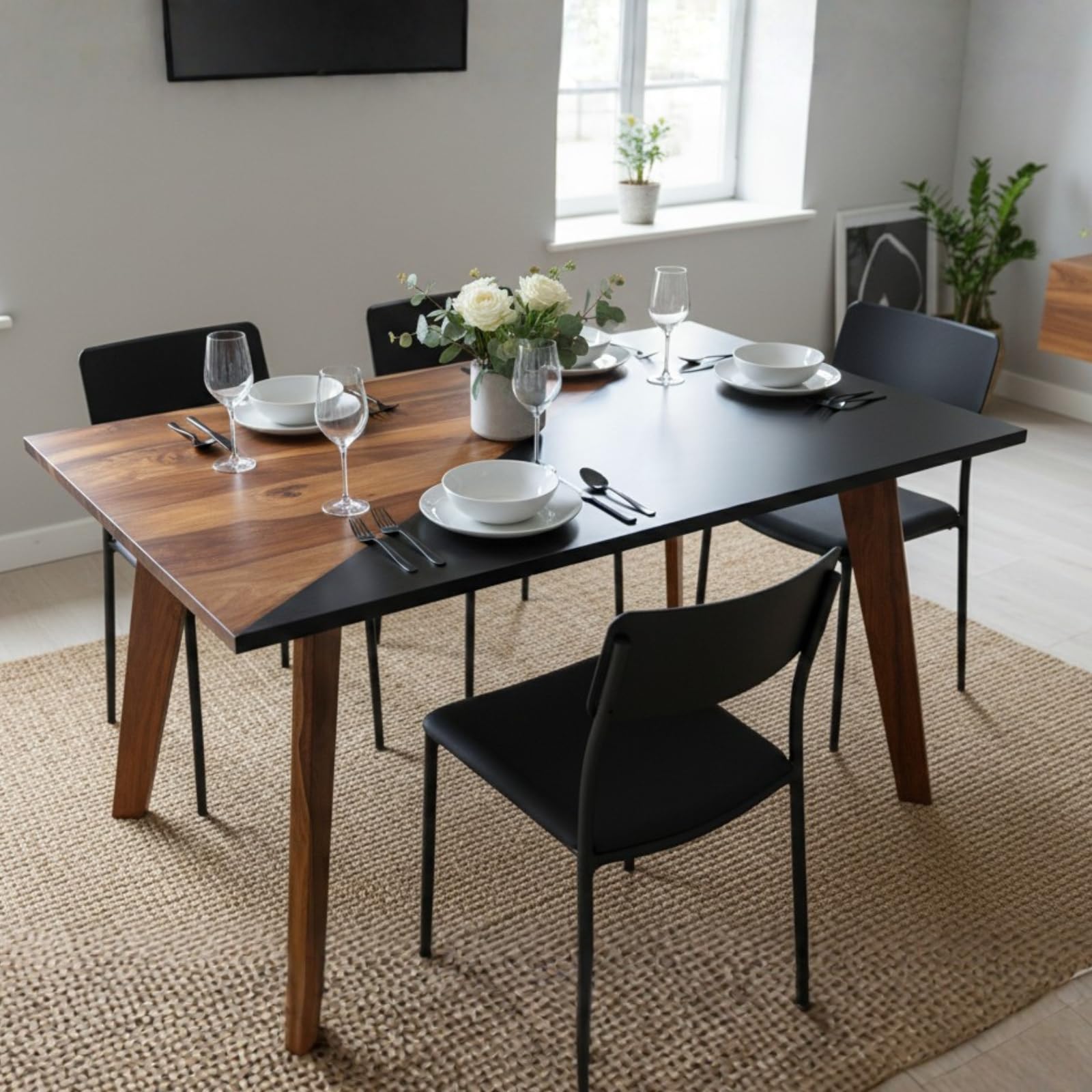 Modern Wooden Dining Table | Dual-Tone Designer Table for Home | Solid Wood Legs Kitchen & Dining Furniture | Contemporary Piece for Living Room, Apartment & Family Dining | Brown & Black Finish-image-20