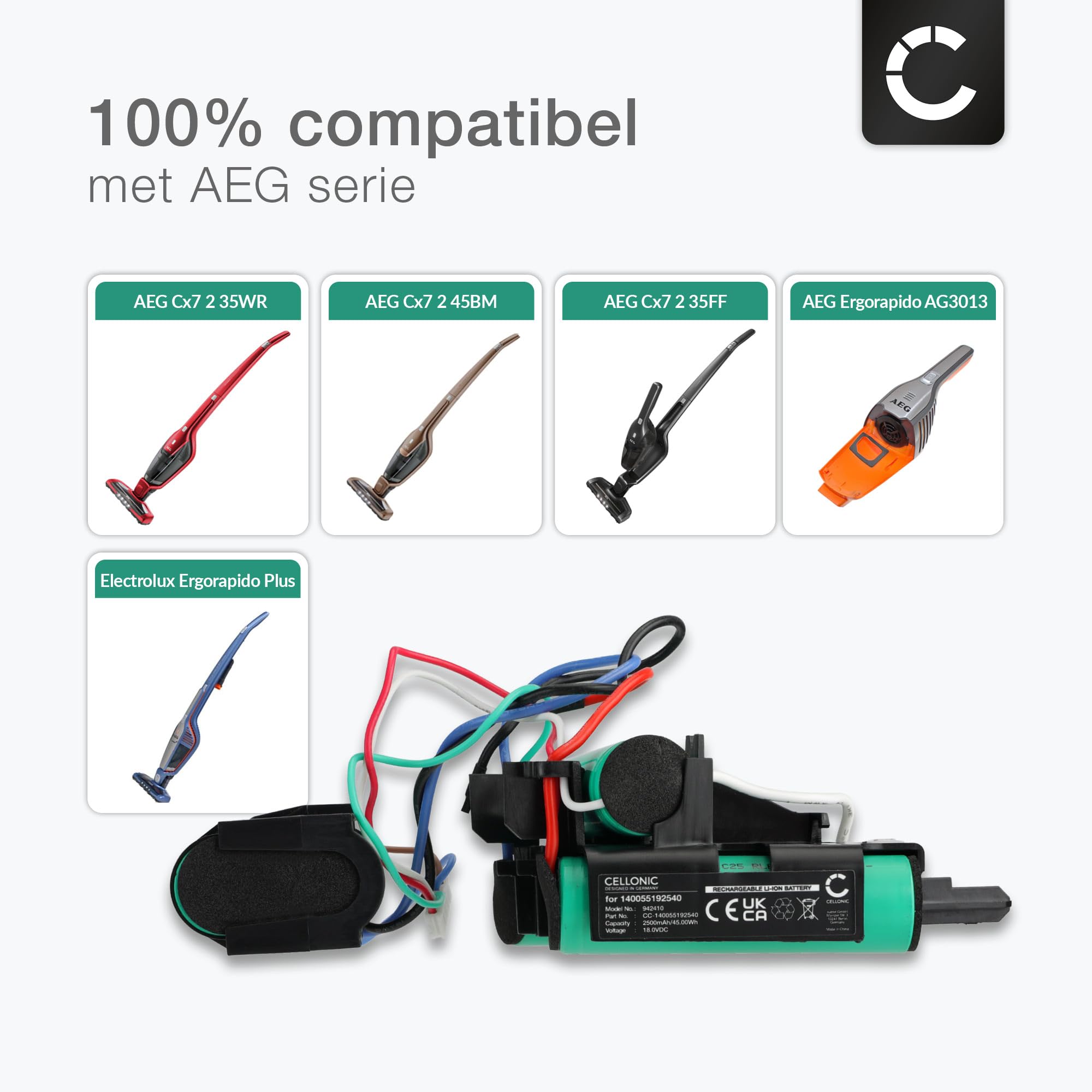 CELLONIC, Bateria do odkurzacza kompatybilna z Electrolux Ergorapido Plus, 140127175473 (18 V, 2500 mAh)