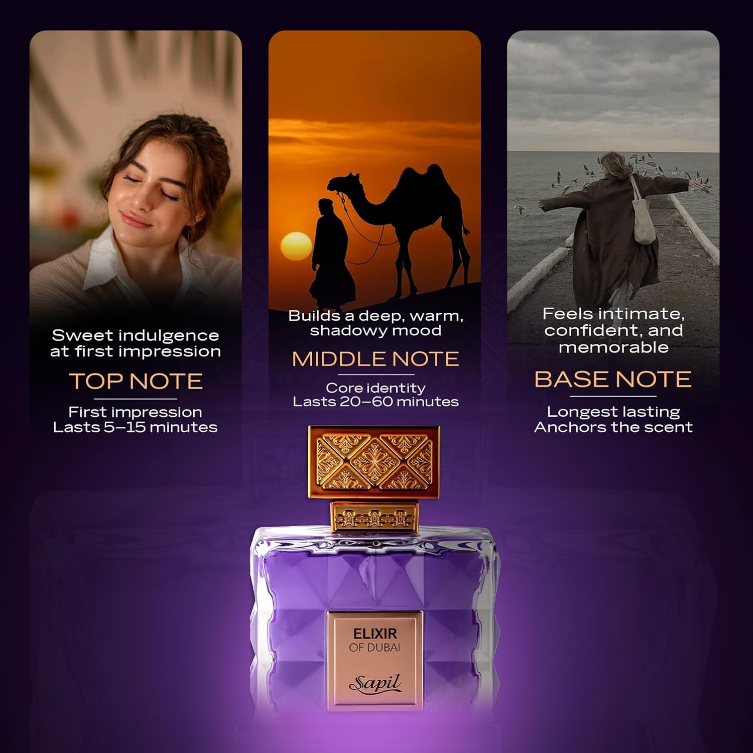 Sapil Elixir of Dubai Eau de Parfum – Long Lasting Unisex Amber Gourmand Perfume | Cocoa, Amber & Vanilla Notes | Warm Luxurious Signature Fragrance | 3.4 oz / 100ml - Image 4