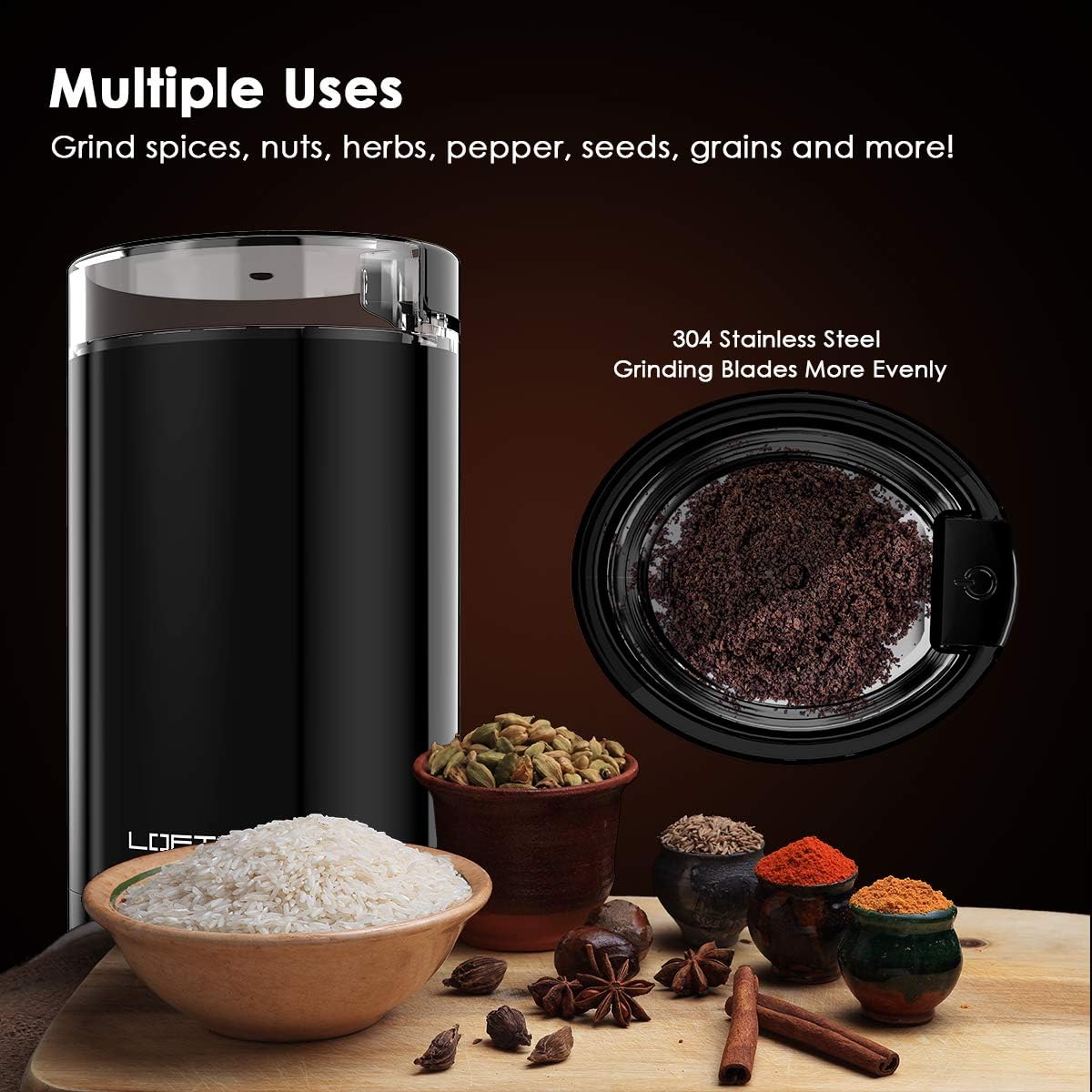 LOFTer Coffee Grinder, Electric Portable Spice & Nut Grinder with Stainless Steel Blade, Large Grinding Capacity, Portable & Compact, Fast Grinding for Coffee Beans, Seeds, Spices, Herbs, Grains, 150W, 15 Cups, Black