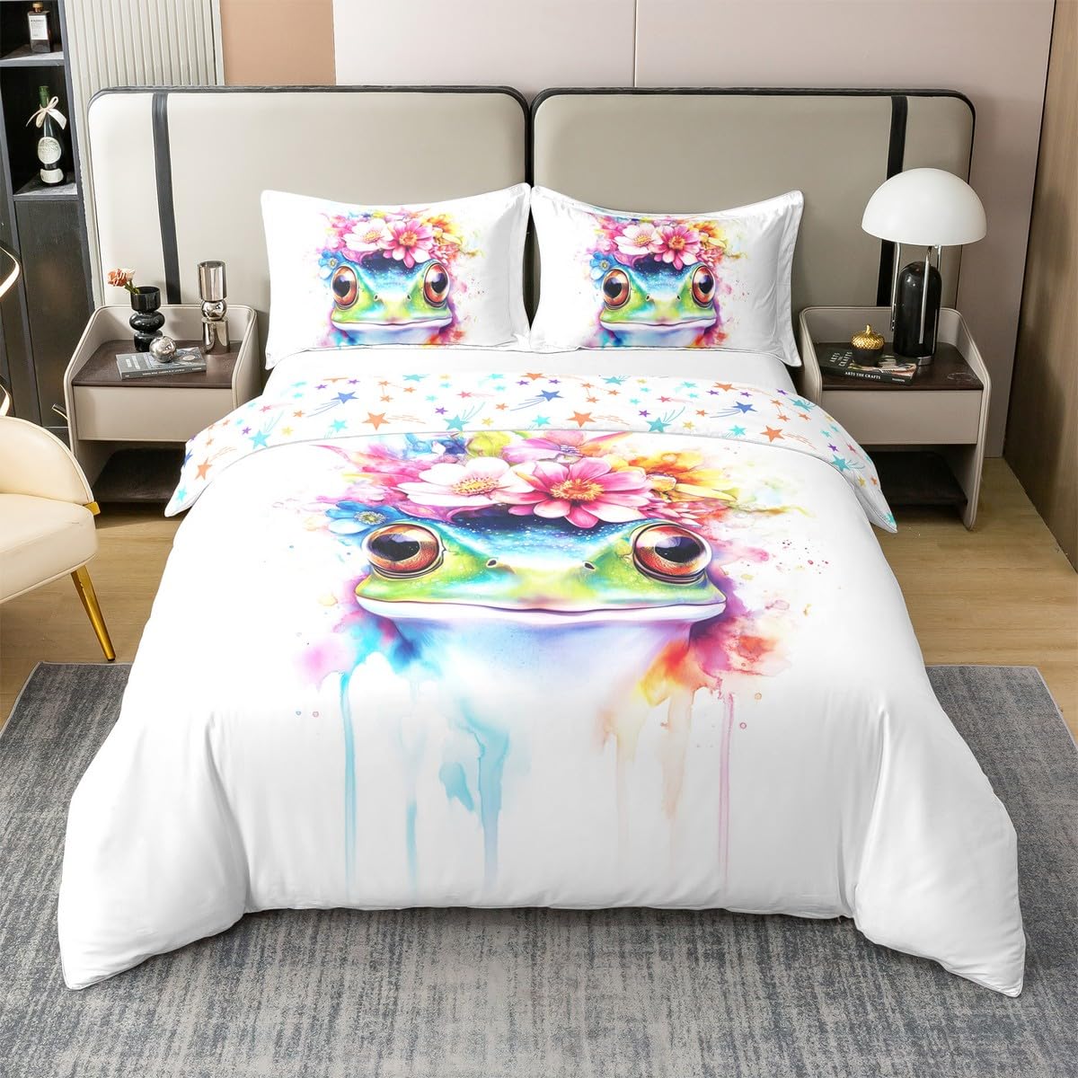 Grog Duvet Cover Queen Size for Kids Boys Teens,3D Wildlife Animals 3 Pieces Duvet Cover,Blooming Flowers Leaves Comforter Cover (Not Comforter),Watercolor Cartoon Animals Quilt Cover