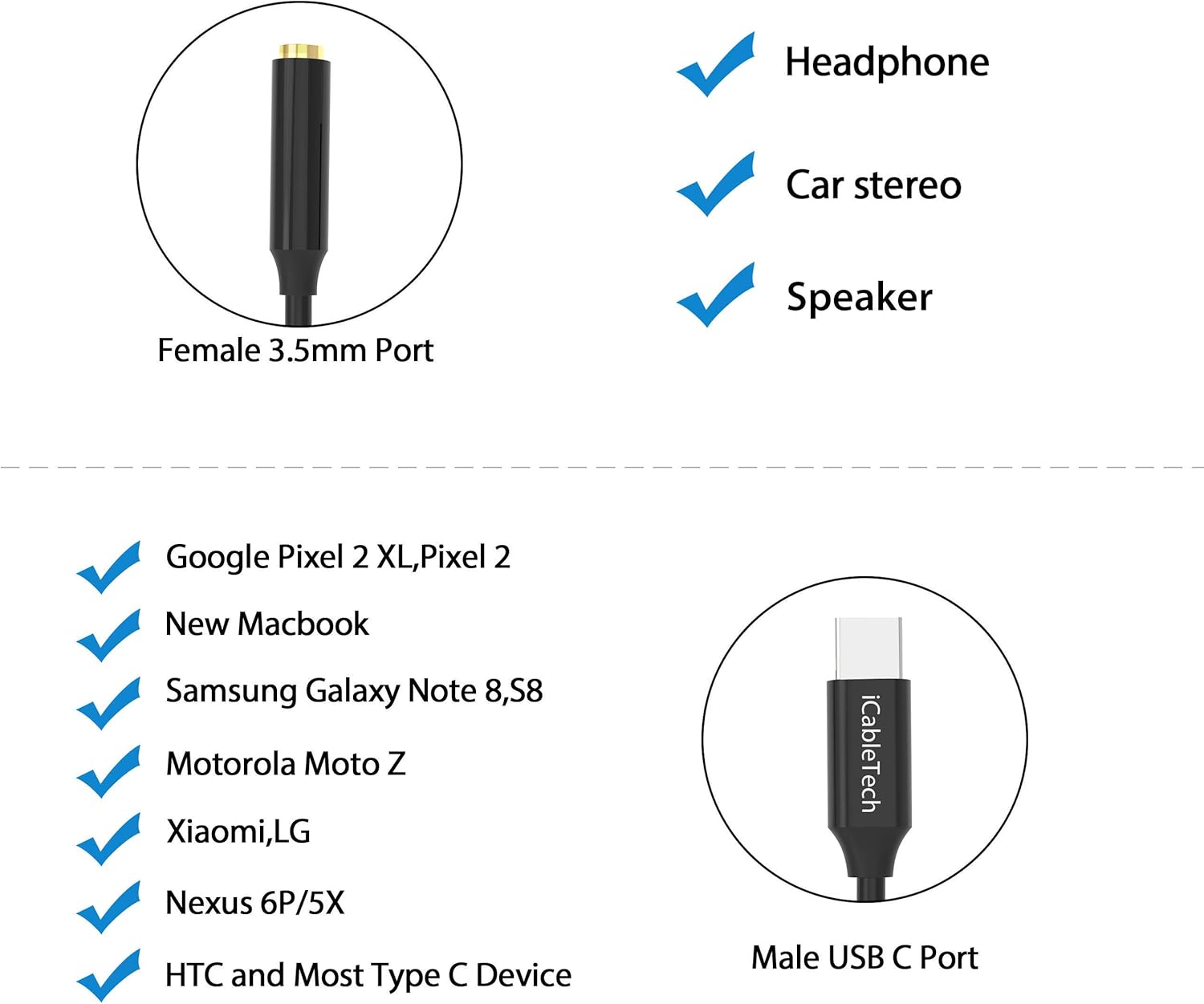 USB C Headphone Adapter, 2 Pack iCableTech Pixel 2 Headphone Adapter USB-C to Headphone Jack Adapter 3.5mm Audio Hi-Res with DAC Compatible with Google Pixel 2 XL / 3 XL, Sony XZ2, Black : Electronics