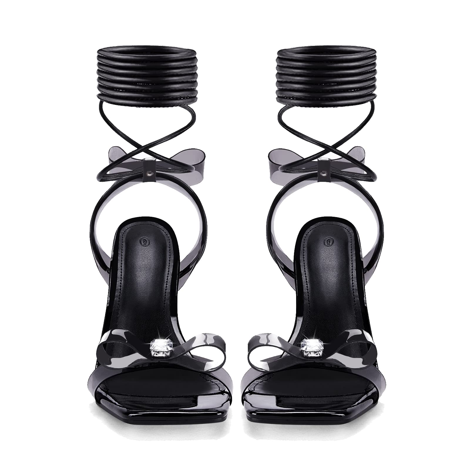 Womens Clear Bow High Heels Sandals Strappy Lace Up Rhinestone Crystal