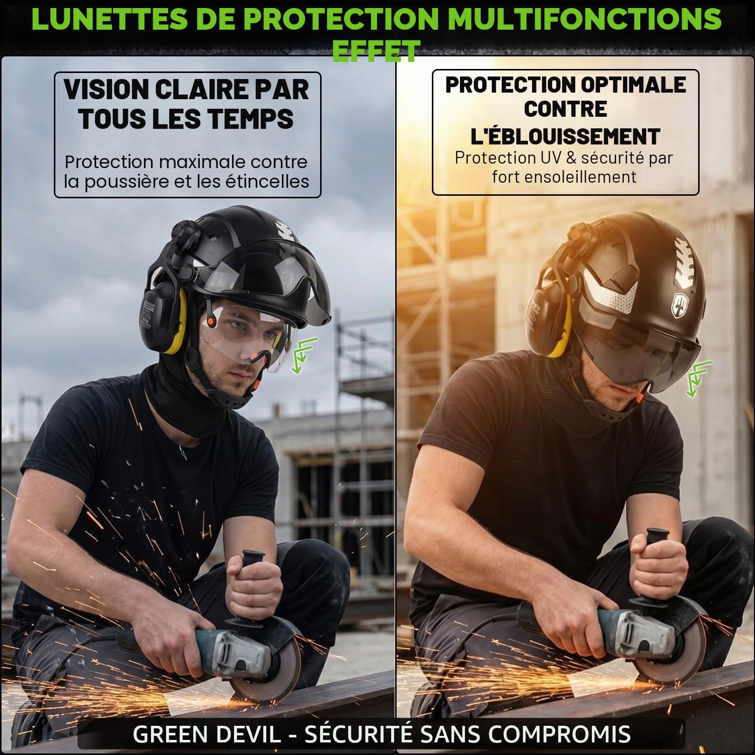 GREEN DEVIL Mervex Casque de protection forestier avec lunettes de protection à double verre EN166 et silencieux EN352 SNR32dB, certifié EN397, matériau ABS unisexe pour le jardinage, les chutes de