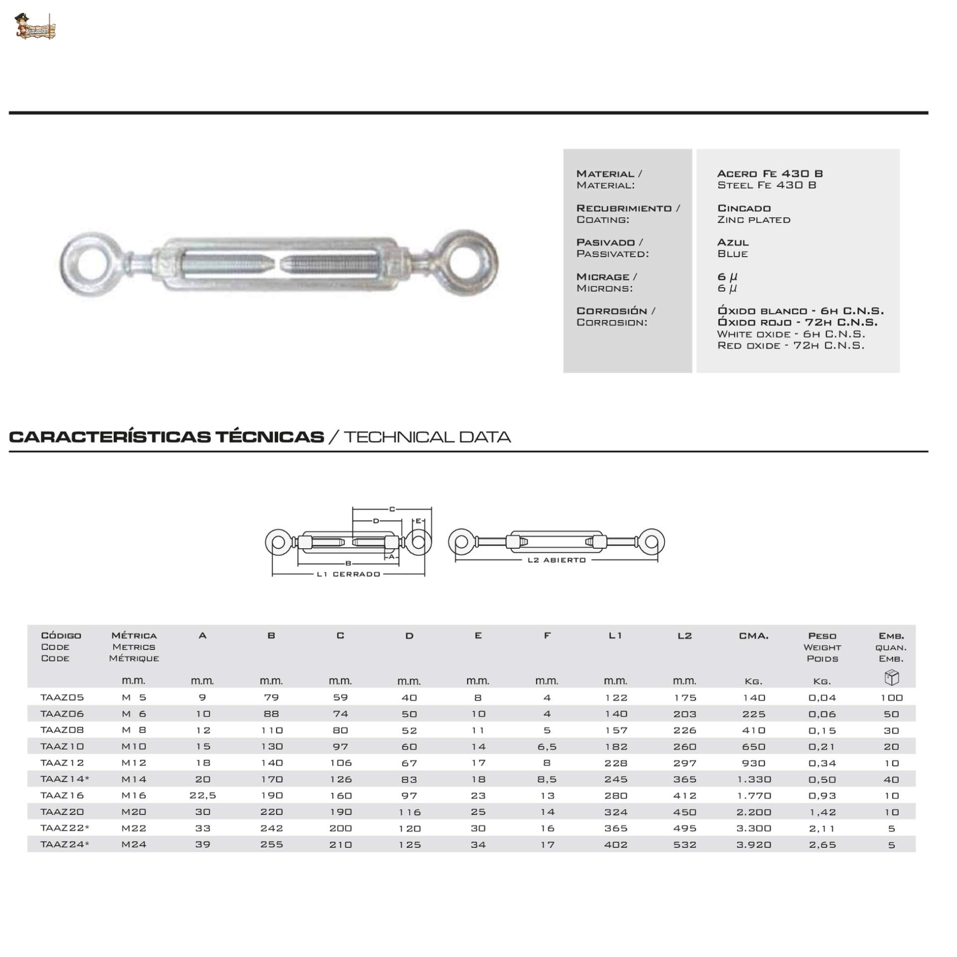 BricoLoco Tensor anilla anilla cable de acero, cuerda, alambre, tendedero, toldo. Cincado galvanizado. De métrica M-5 a M-20. Máxima capacidad de extensión. (M-20 (324 a 450 mm.), 10 uds.)