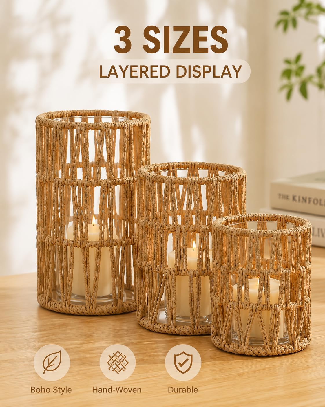 Baluue Rattan Hurricane Candle Holders Set of 3 Handwoven Boho Lanterns