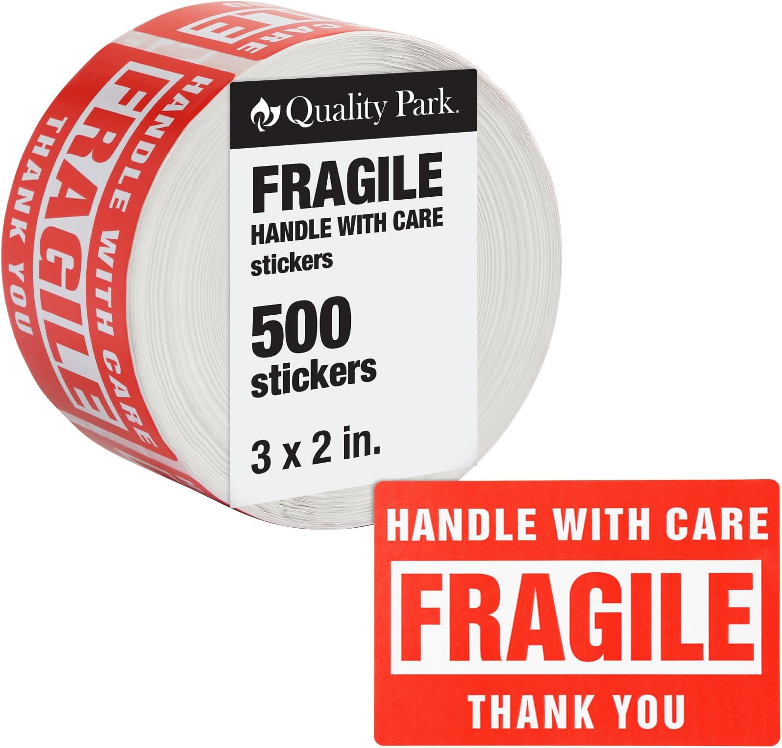 Quality Park Fragile Stickers, 500 Per Roll, Handle with Care Warning Labels, Moving Stickers, Perforated Shipping Labels, Permanent Adhesive, Red and White, 2 inch x 3 inch (1017003)