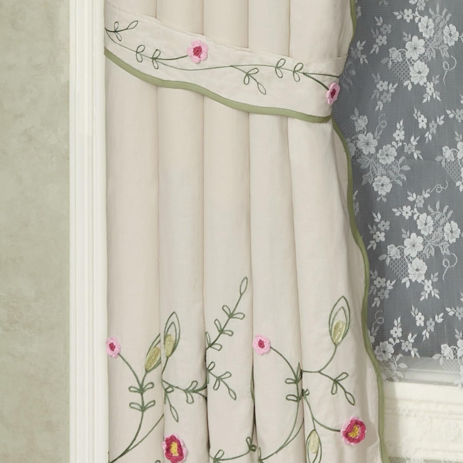 Posy Cottage Garden Lined Cotton Window Treatments | Chain Stitch Embroidery & Crochet Floral and Leaf Vine Fiber Art Designs | Rod Pocket Scallop-Edged Drapery Set with Valance & 84L Curtain Pair