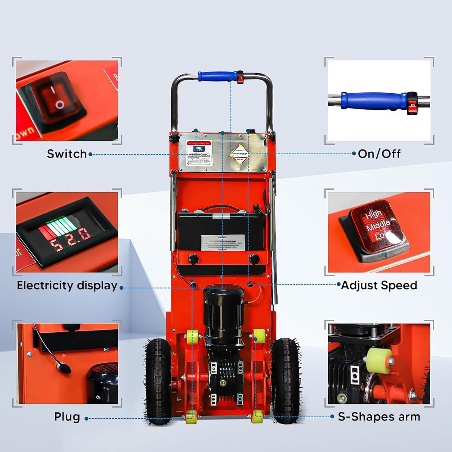 Carrello elettrico per salire le scale con manico telescopico, motore brushless da 1200 W, batteria rimovibile, capacità di carico 400 kg, carrello resistente per un facile trasporto delle scale