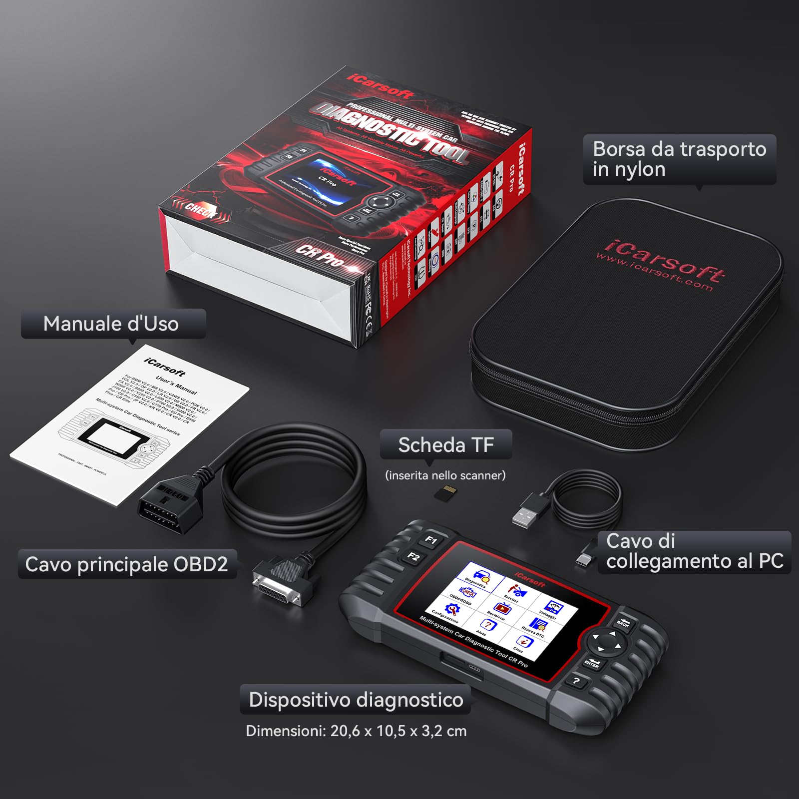 iCarsoft CR PRO OBD2 Auto Diagnostica, Diagnosi Auto Professionale in Italiano per Tutti i Sistemi, 9 Funzioni di Ripristino, Reset Olio/EPB/BMS/ETC/SAS/INJ/TPMS/DP-F/ABS, Aggiornamento a Vita