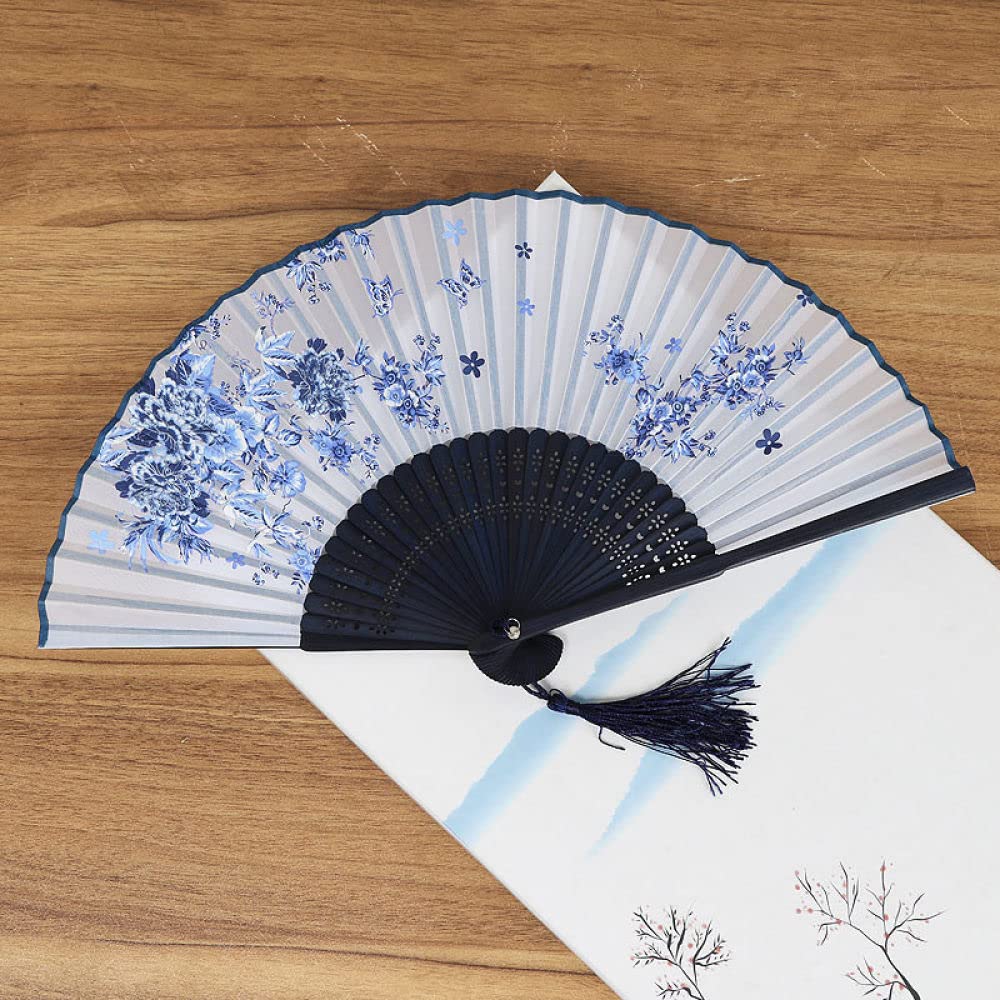 NZPOST Folding Fan Handheld, Handmade Bamboo Fans Creative Blue Butterfly Floral Silk Hand Held Fans With Tassel Oriental Cloth Fabric Chinese Fans For Dancing Party Wedding s