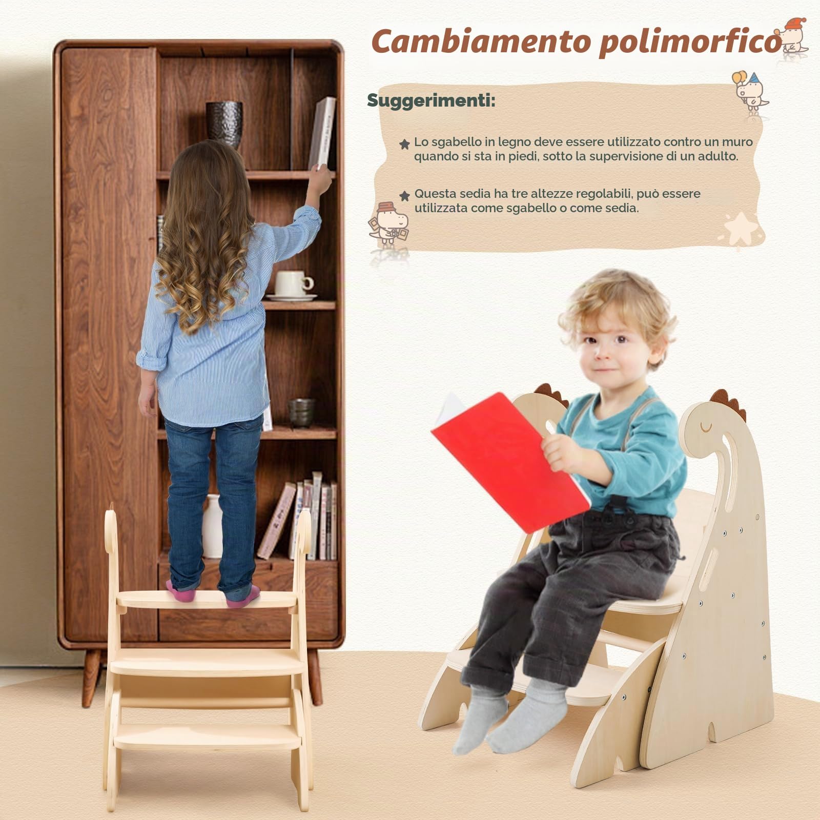Torre apprendimento Montessori Torre Montessoriana Bambini3 gradini sgabello legno bambini, Dinosauro Torre pieghevole contro altezza regolabile sedia bambini legno sgabello pieghevole