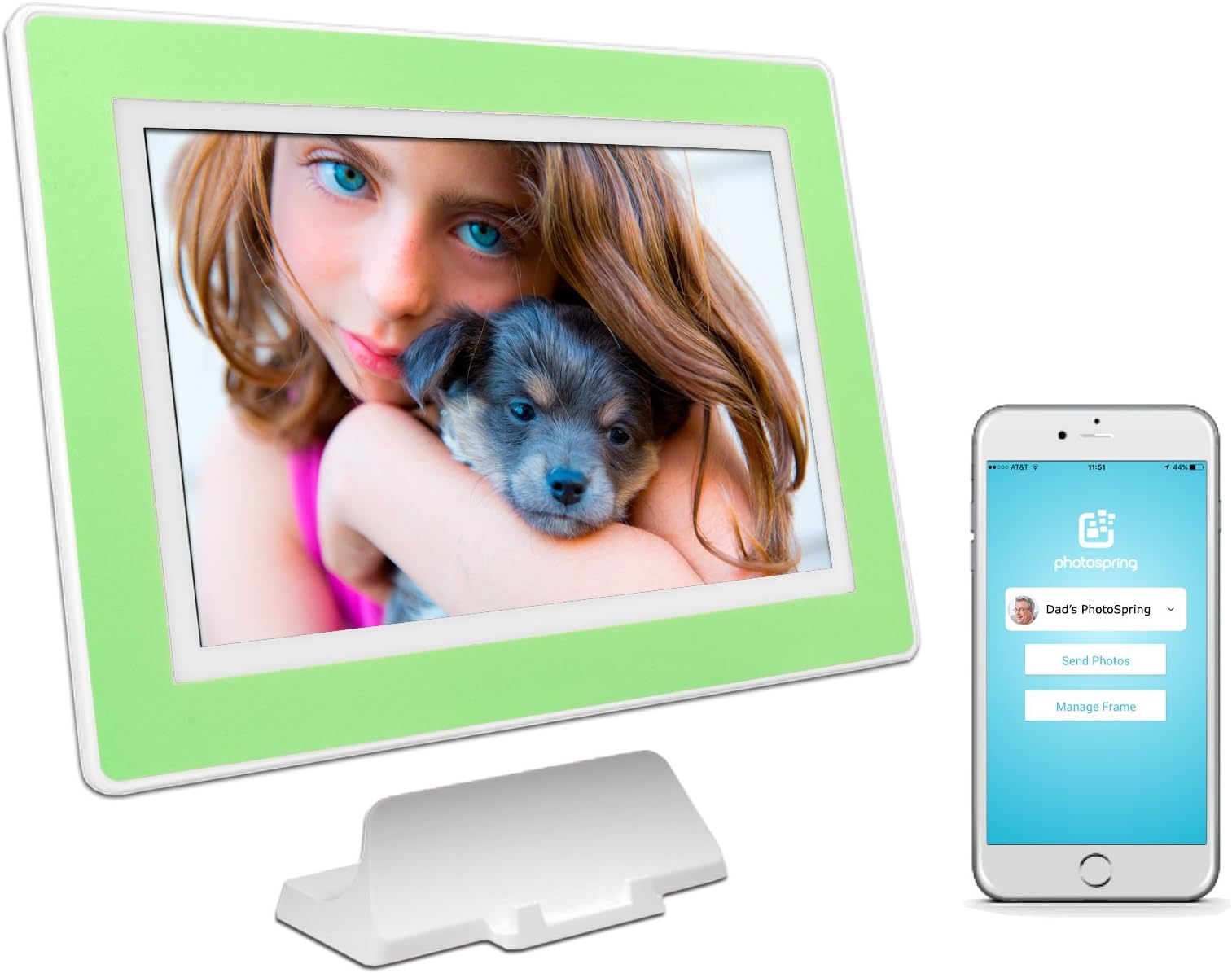(32GB) 10-inch WiFi Cloud Digital Picture Frame - Battery, Touch-Screen, Plays Video and Photo Slideshows, HD IPS Display, iPhone & Android app (White/Sea Foam Green Mat - 32,000 Photos)