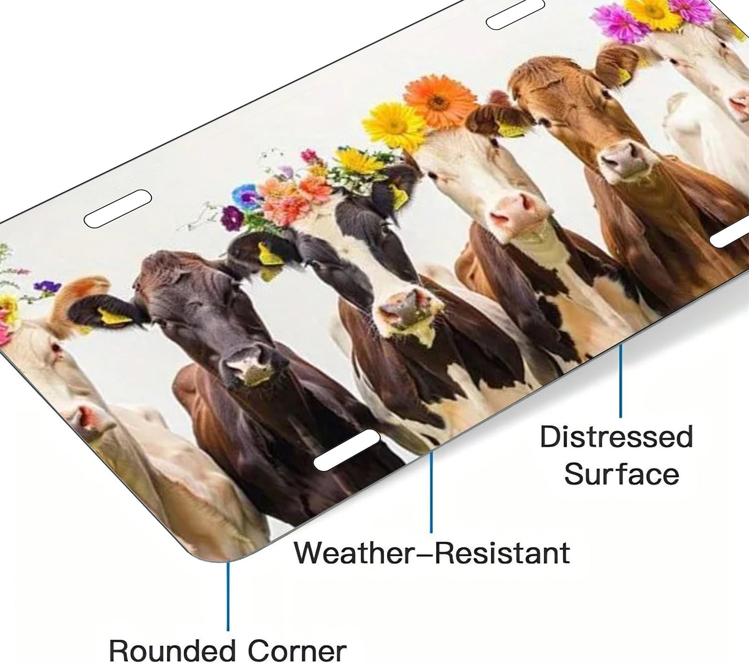 Joyful Flower Cow Decorative Front License Plate Cover, Aluminum, 6x12 Inch, 4 Holes, Brown, Wall Decoration, Vehicle Decoration, Female License Plate