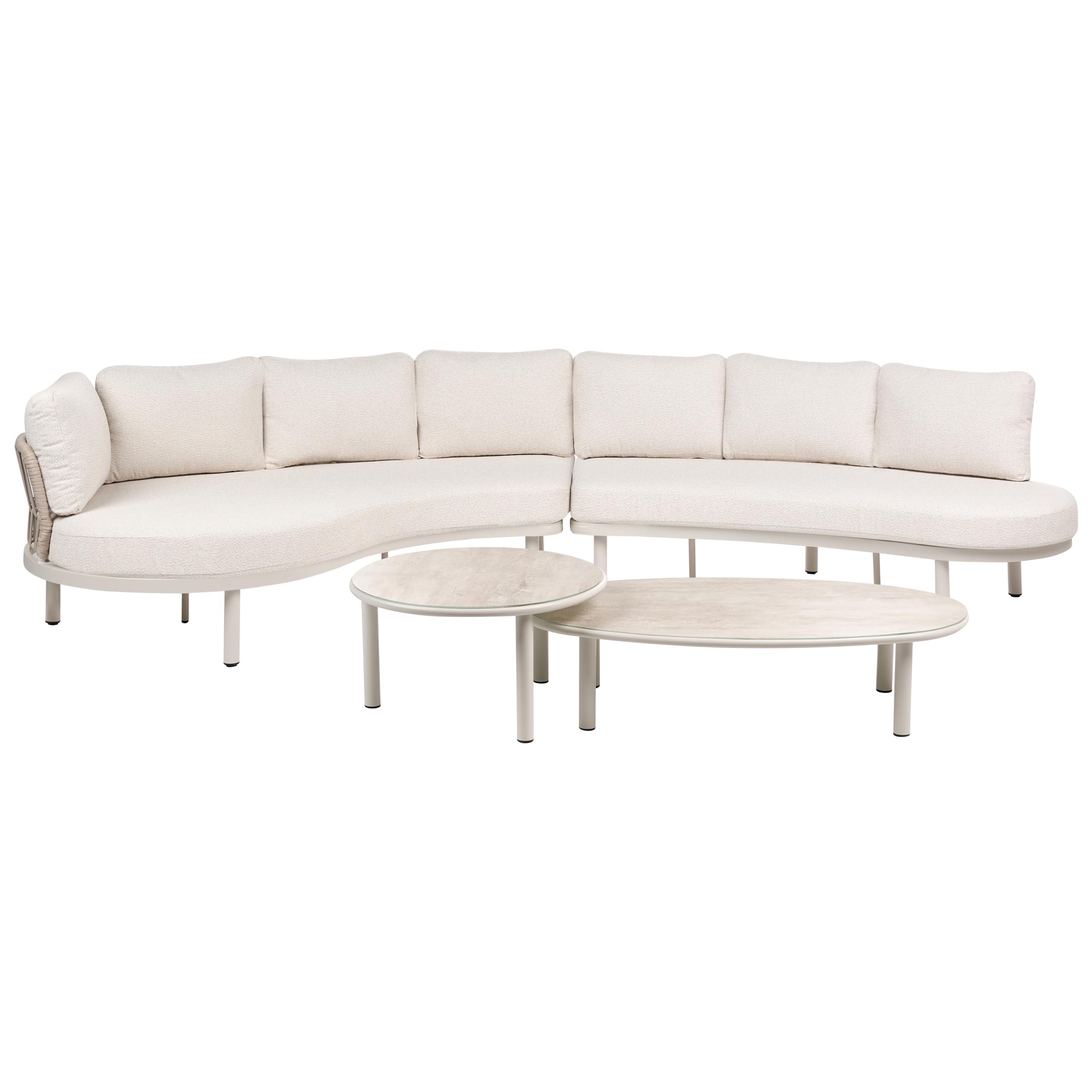Zestaw ogrodowy 6-osobowy zaokrąglona sofa modułowa i stolik metalowa rama blat ze szkła hartowanego beżowy Oriolo