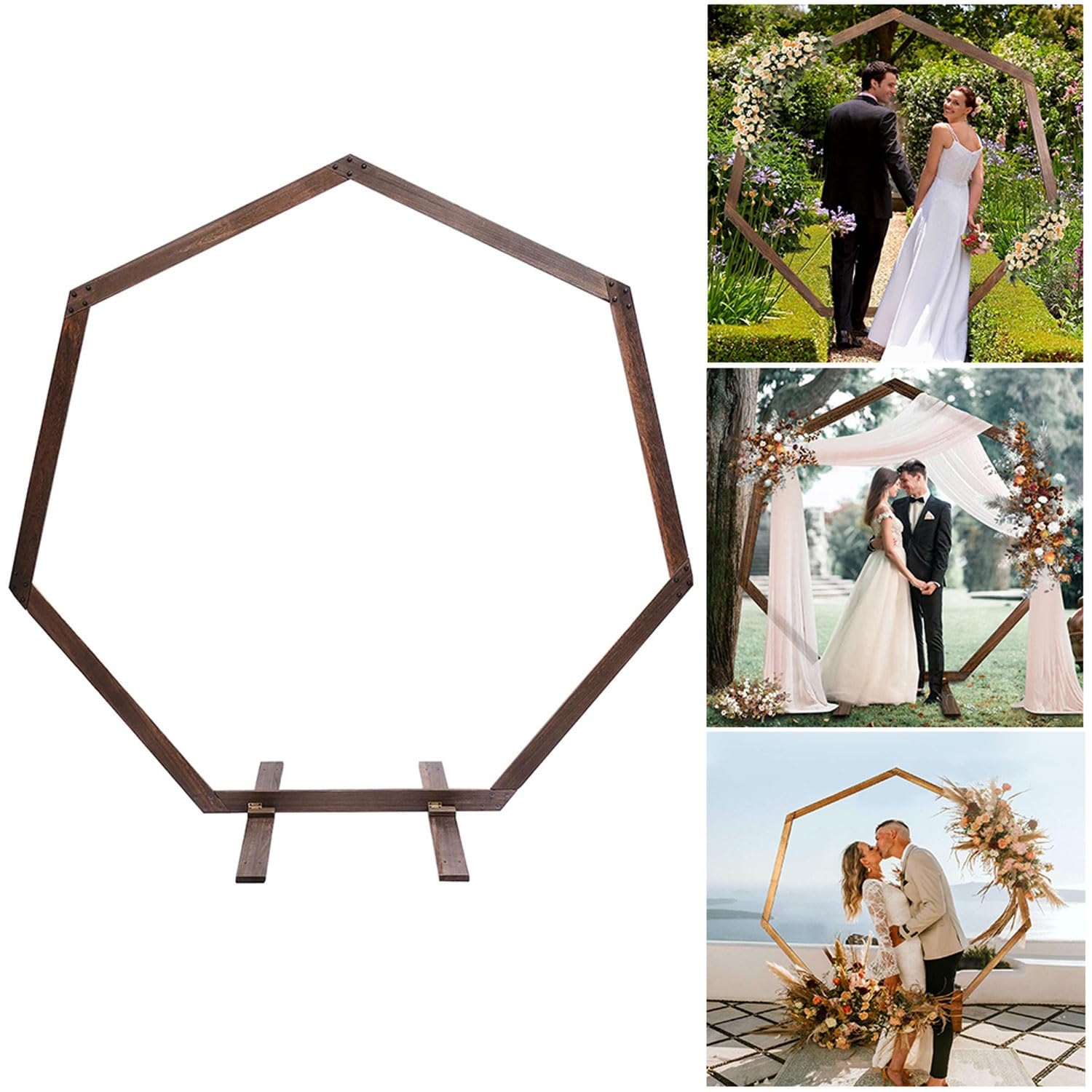 Hochzeitsbogen aus Holz, siebeneckiger Holzbogen für Hochzeiten, Zeremonien im Freien, Hochzeitshintergrund, Holzbogen, Hochzeitslaube, Hintergrundständer für Zeremonien, rustikale