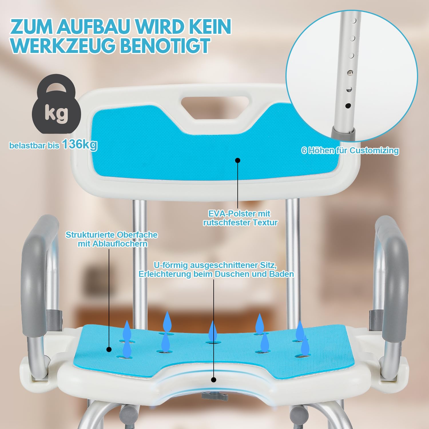 Silla de ducha con reposabrazos y respaldo, altura regulable en 6 posiciones | Con reposabrazos plegables, respaldo extraíble, asiento en forma de U, pies antideslizantes de TPR, soporta hasta 136 kg